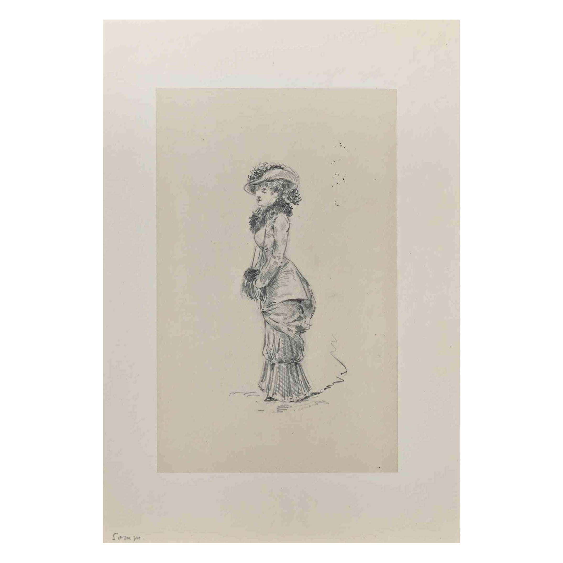 Henry Somm Figurative Art - Woman - Original Drawing on Paper by H. Somm - Late 19th Century