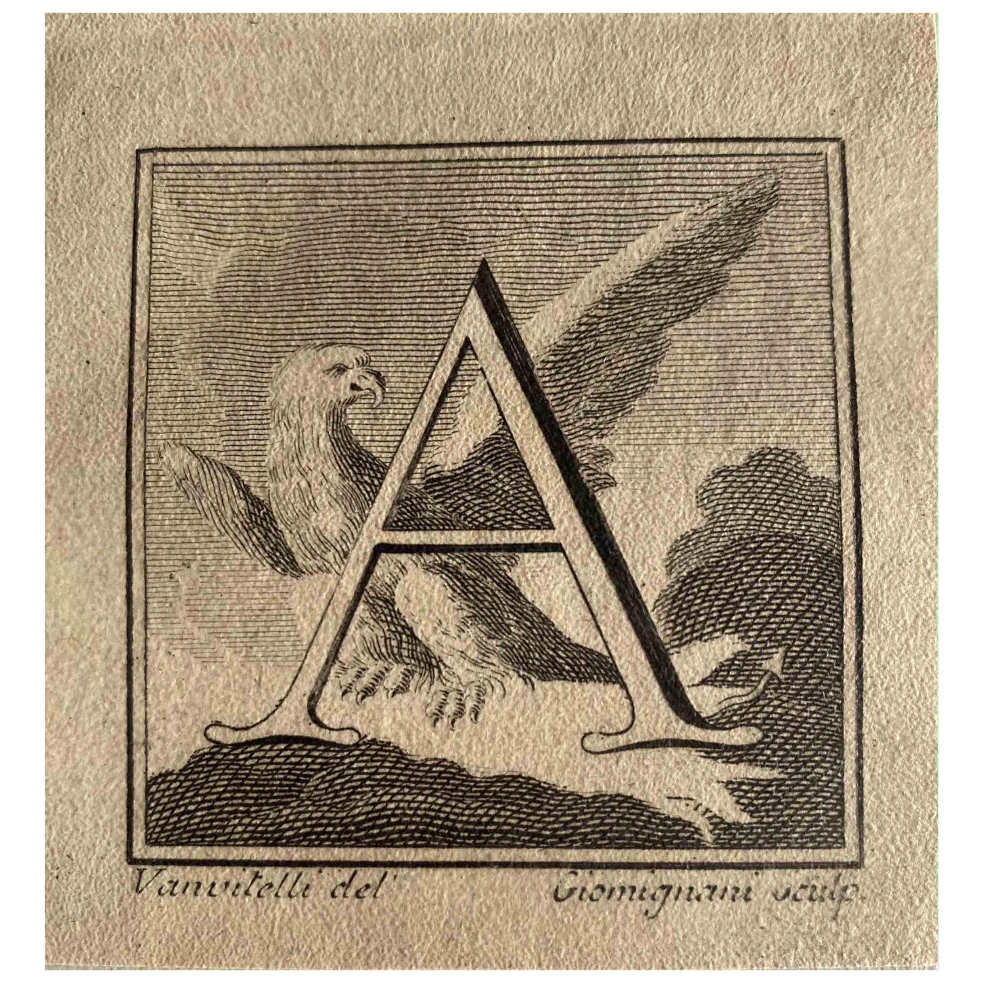 Figurative Print Carlo Nolli - Antiquités d'Herculanum -  Lettre de l'alphabet  A - Eau-forte - XVIIIe siècle