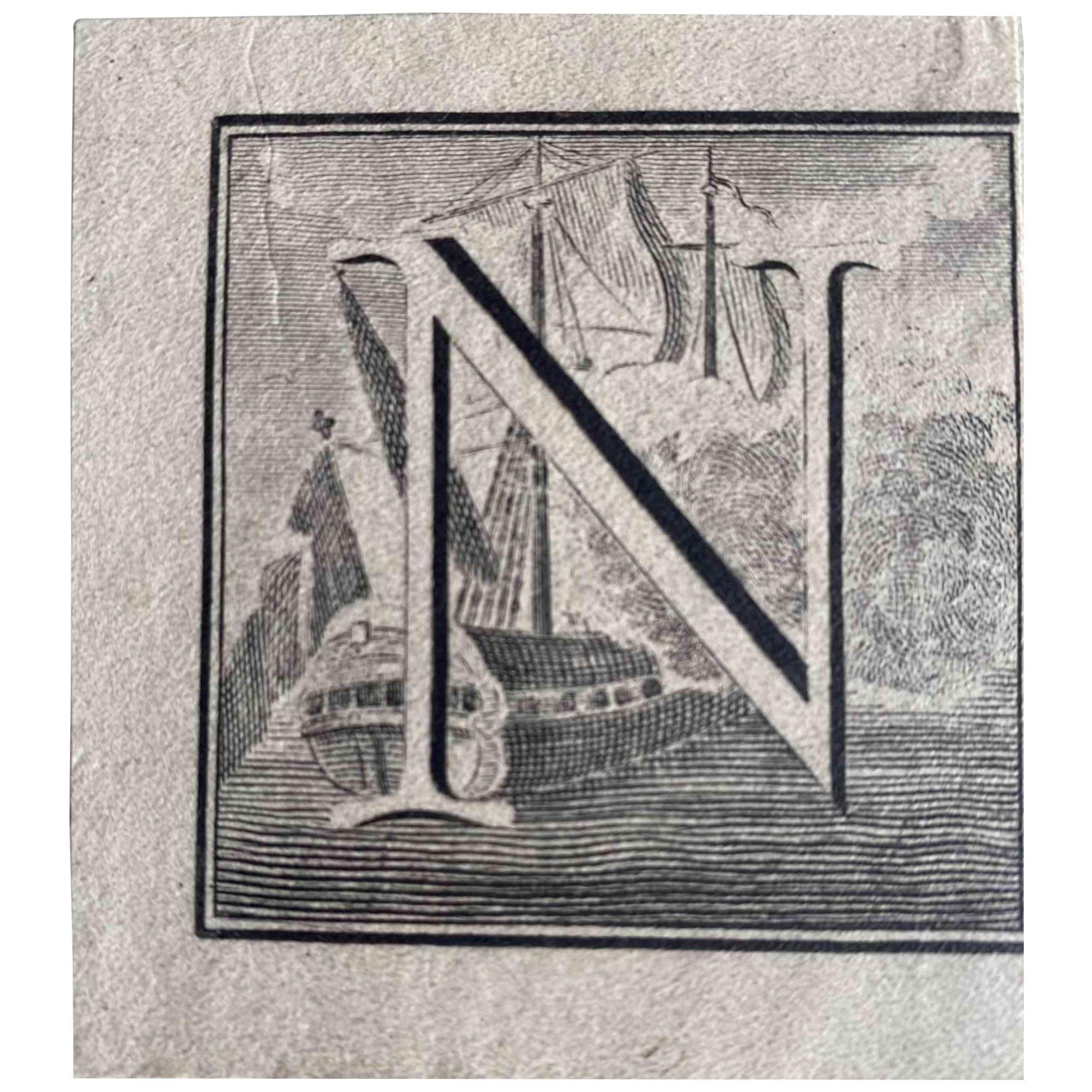 Carlo Nolli Figurative Print – Antiquitäten von Herculaneum -  Buchstabe des Alphabets  N - Radierung - 18. Jahrhundert