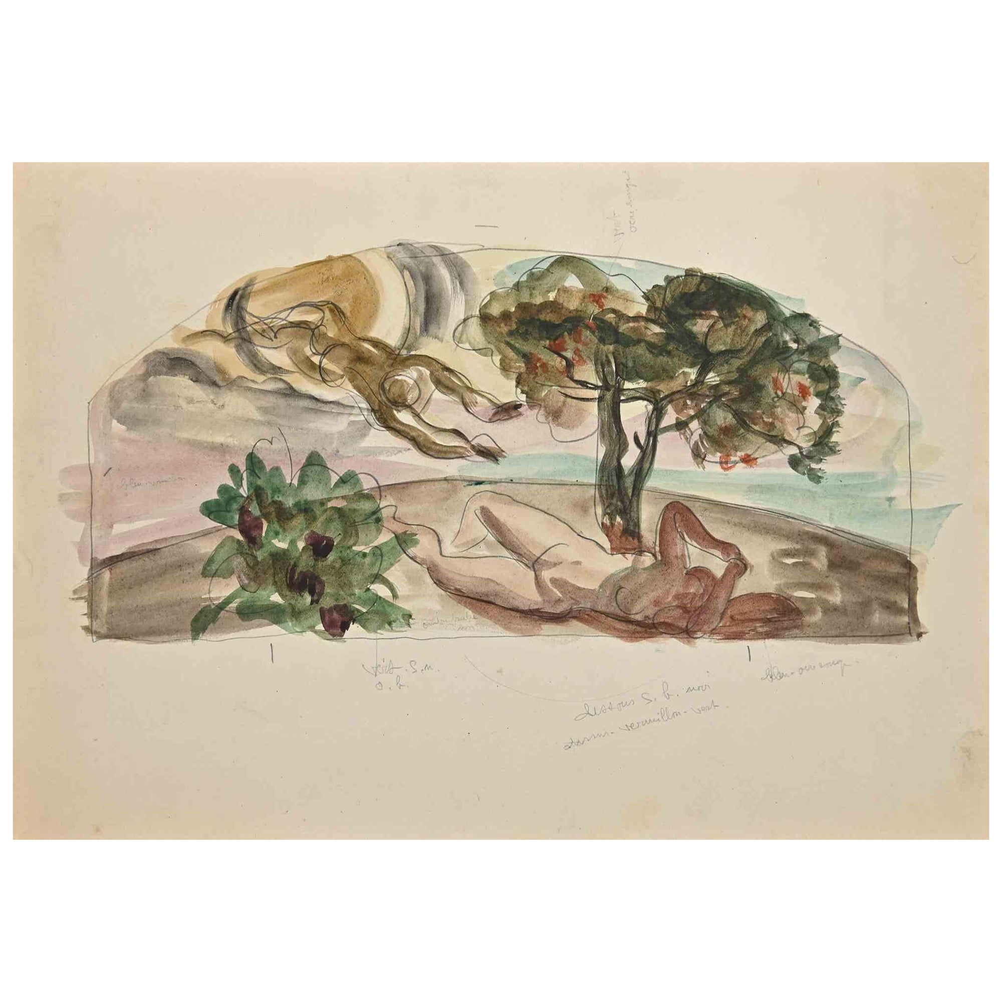 Il Giardino dell'Eden è un disegno ad acquerello e matita su carta color avorio realizzato da Gustave Bourgogne all'inizio del XX secolo.

Buone condizioni.

L'opera d'arte è stata rappresentata con abili e armoniosi tratti di maestria.