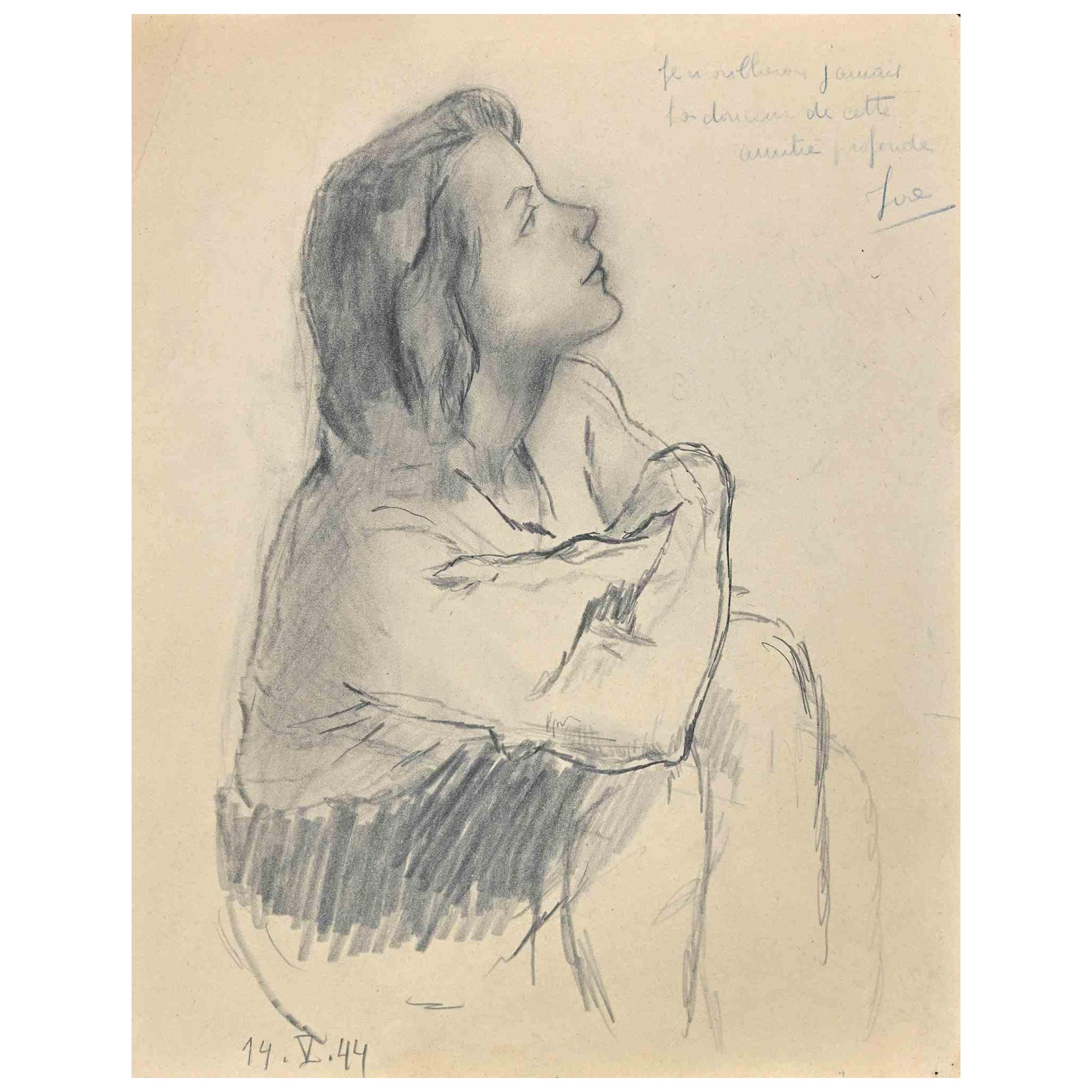 Fikret Mouala Figurative Art - Profile of Woman - Pencil Drawing - 1944