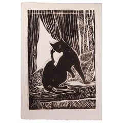 Cat Noir par la fenêtre - Impression sur bois de Giselle Halff - Début du 20e siècle
