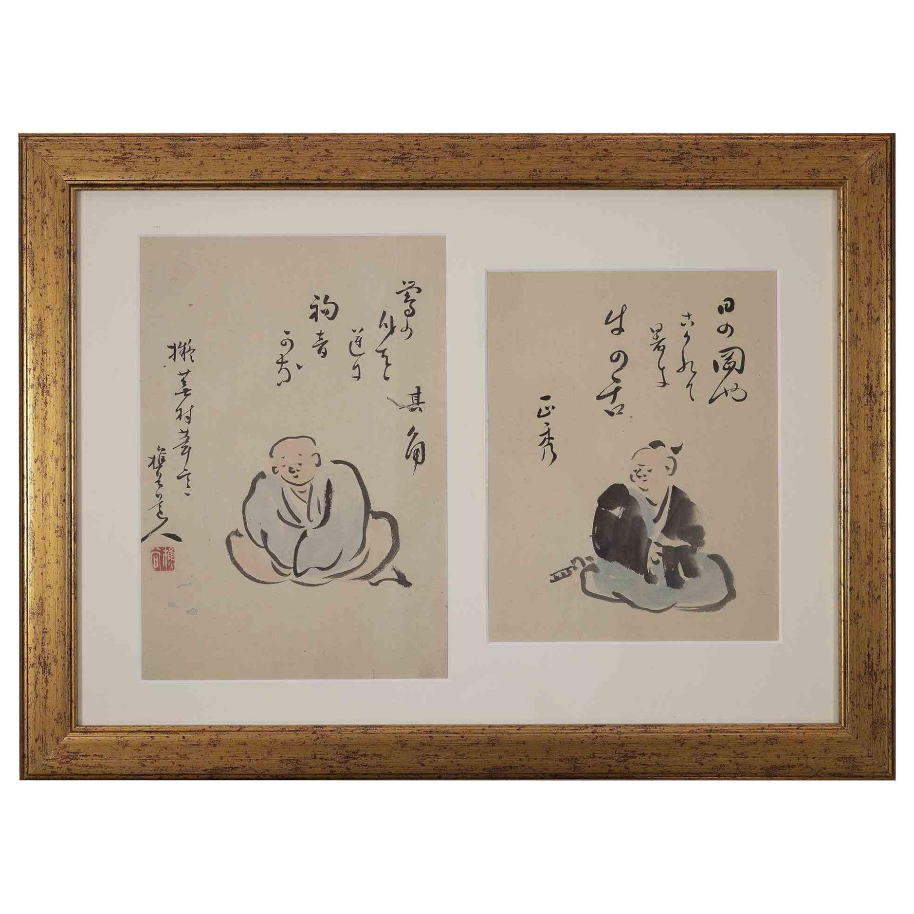 Unknown Figurative Art - Pair of Oriental Figures - Watercolor Drawing - 19th Century