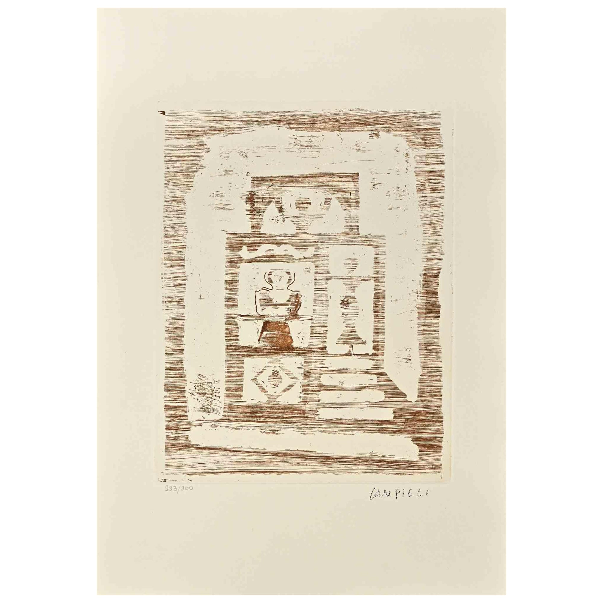 The House of Women  is an original print realized after Massimo Campigli in the 1970s.

Etching on paper.

This artwork it is part of a series of works created in the last period of the artist and printed at the turn of the year of his death, which