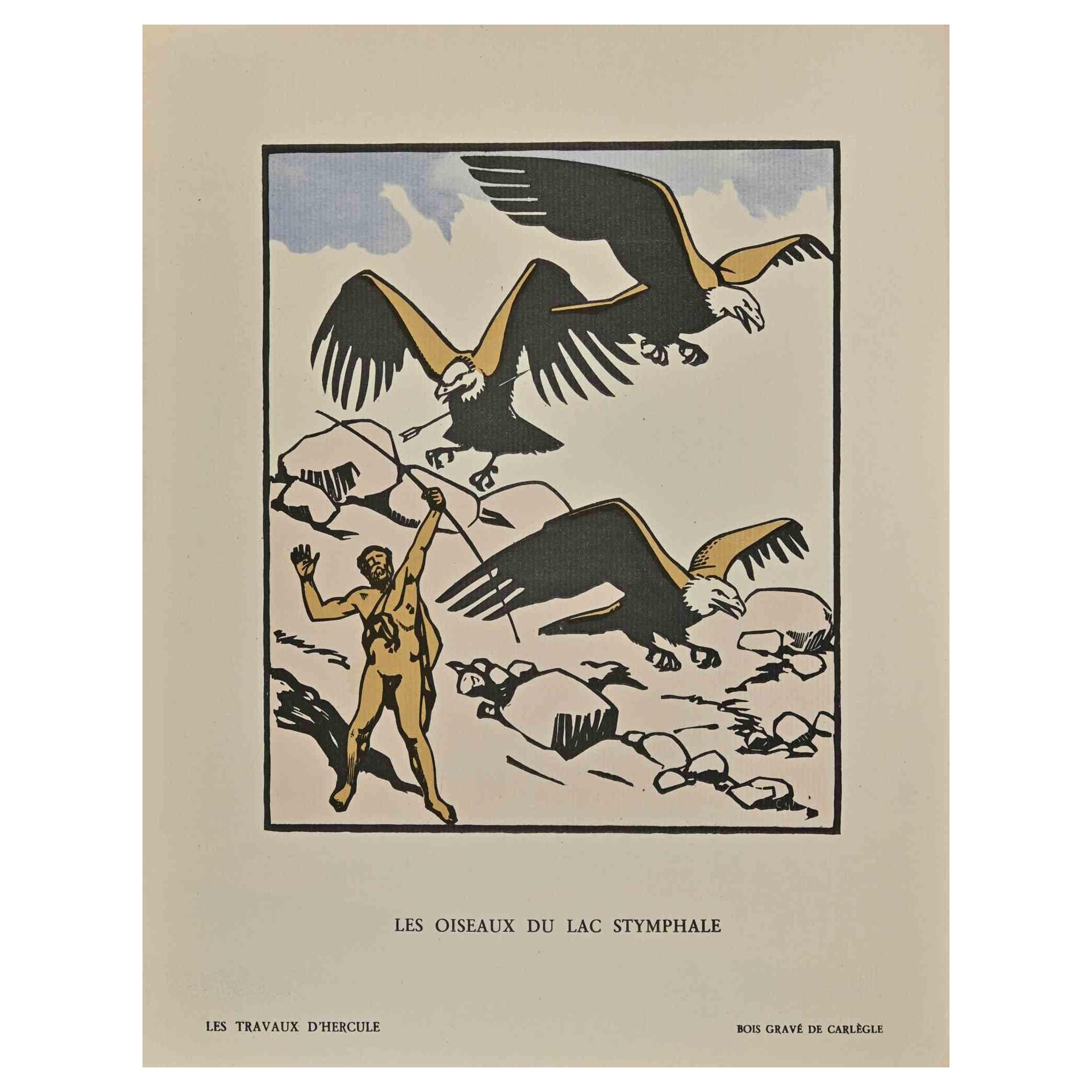 Les Oiseaux Du Lac Stymphale is a Woodcut Print realized by Carlège (Charles Emile Egli, 30 March 1877 – 11 January 1937).

Belongs to the suite "Les Travaux D'Hercule".

Good condition on a yellowed cardboard.

Titled, Stamp Signed on the lower