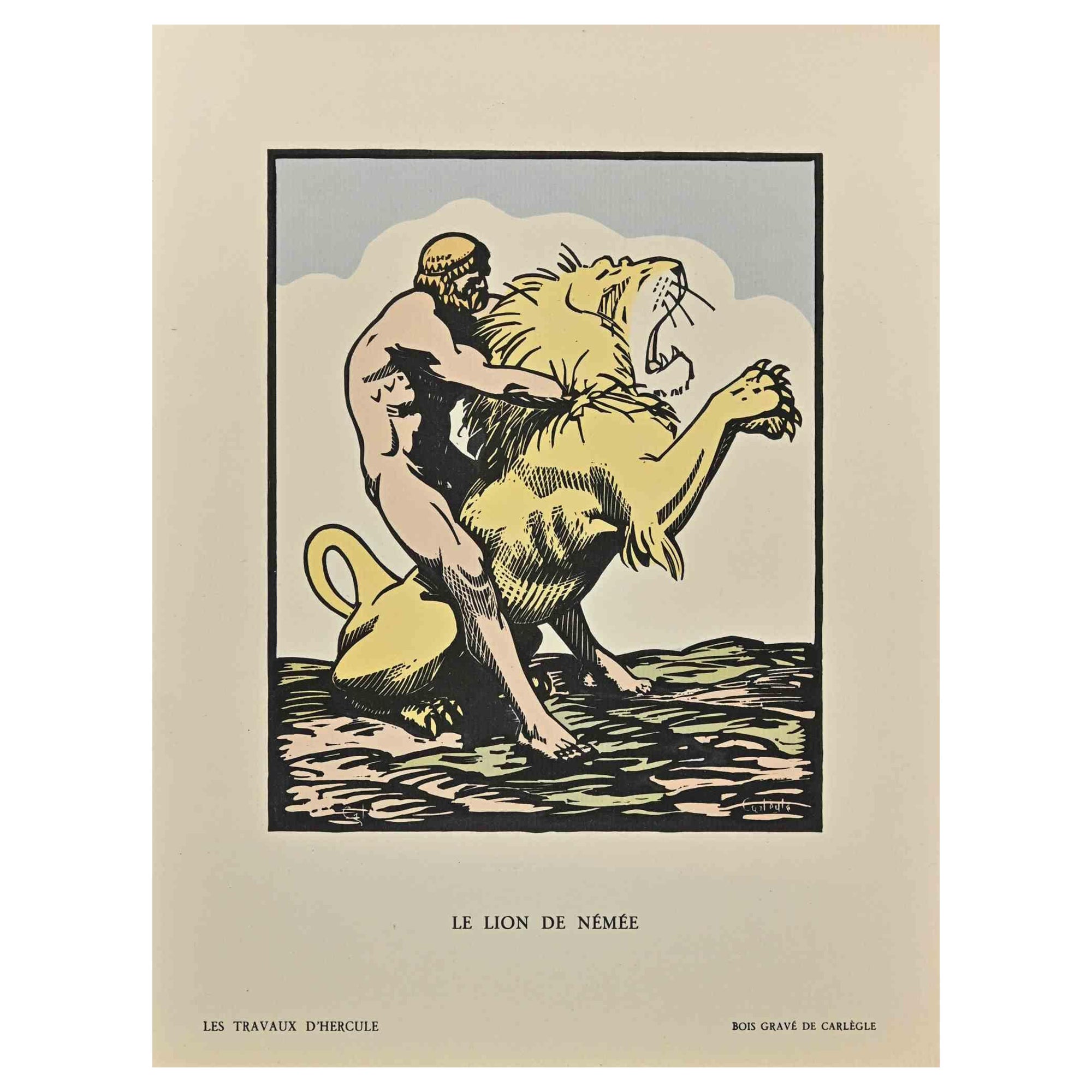 Le Lion De Némée is a Woodcut Print realized by Carlègle (Charles Emile Egli, 30 March 1877 – 11 January 1937).

Limited edition of 10 artwork unpublished Engraved Wood titled "Les Travaux D'Hercule".

Good condition on a yellowed