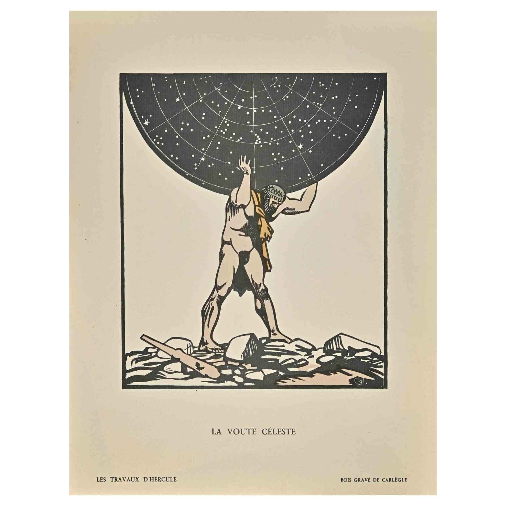 La Voute Celeste is an Original Color Woodcut Print realized by Carlègle (Charles Emile Egli, 30 March 1877 – 11 January 1937).

Belongs to the suite "Les Travaux D'Hercule".

Good condition on a yellowed cardboard.

Titled, Stamp Signed on the
