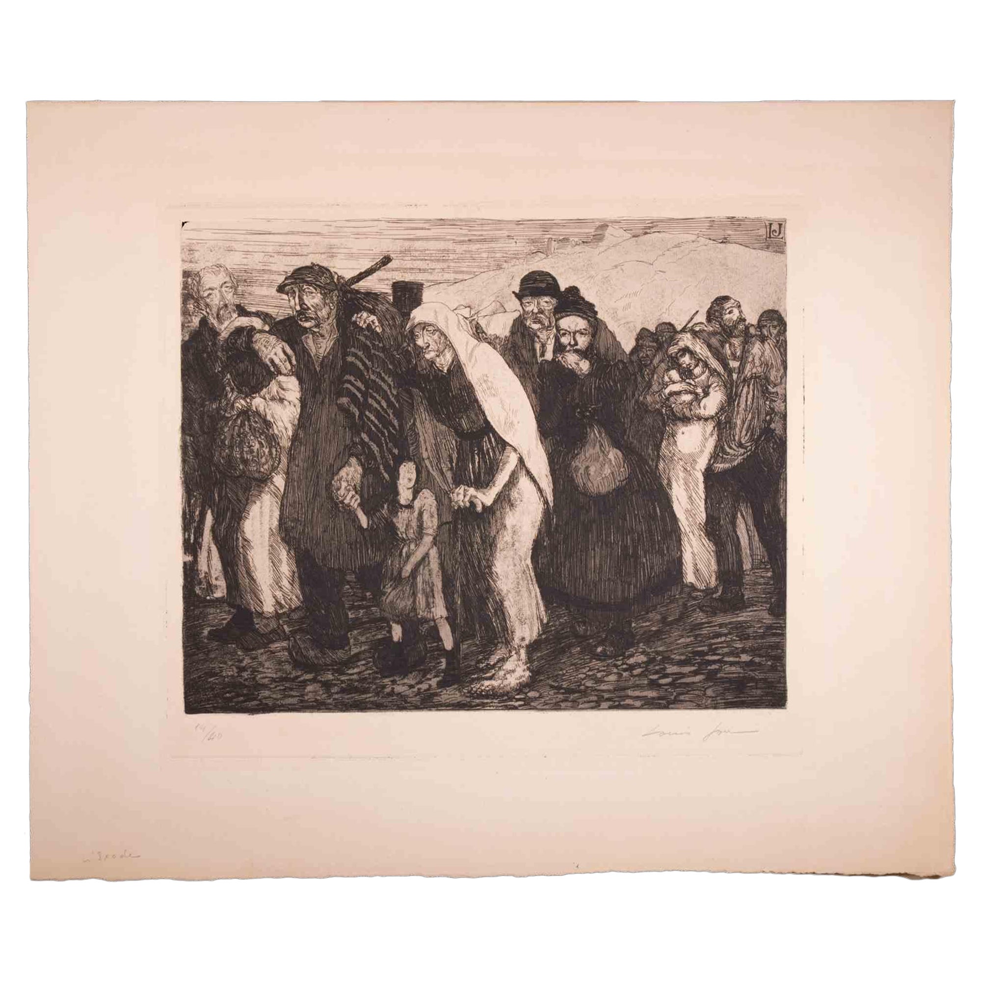 The Suffering Folk - Original Etching by Louis Jou - Early 20th Century