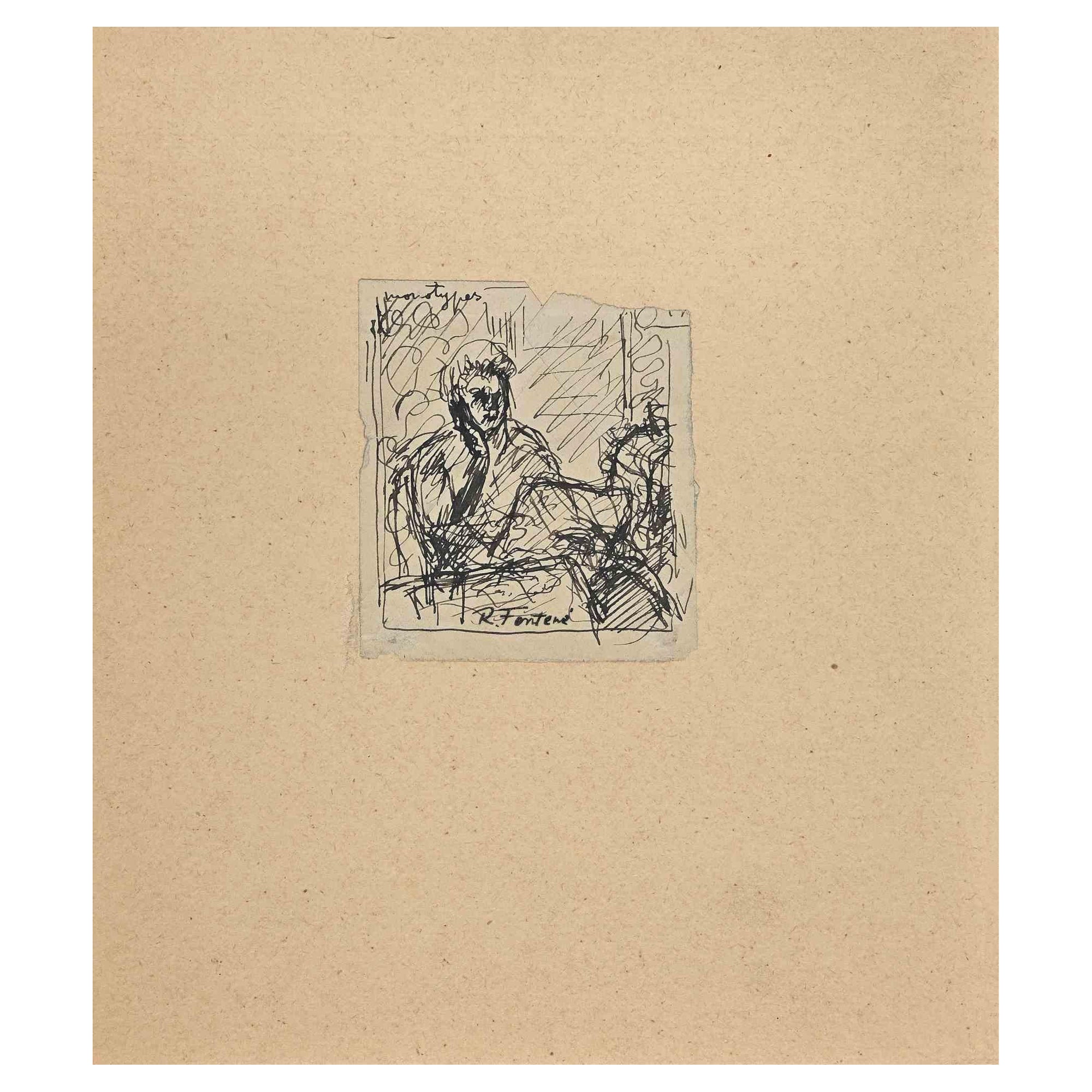 Robert Fontene Figurative Art - Reading Woman - Original Ink by R. Fontene - Mid-20th Century