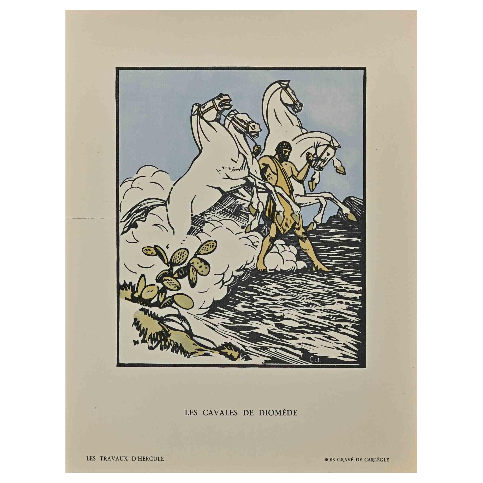 Les Cavles de Diomède an Original Woodcut Print realized by Carlègle (Charles Emile Egli, 30 March 1877 – 11 January 1937).

Belong to the series "Les Travaux D'Hercule".

Good condition on a yellowed cardboard.

Titled, Stamp Signed on the lower