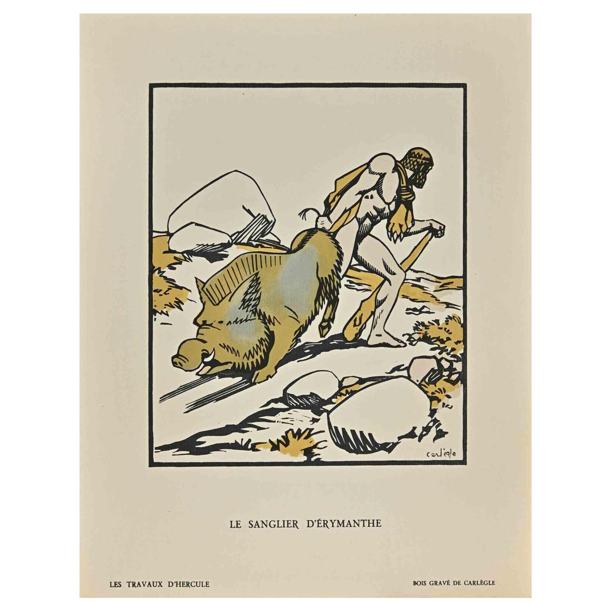 Le Sanglier D'Erymanthe  - Gravure sur bois originale par Carlège (C.M.) Egli) - 1877