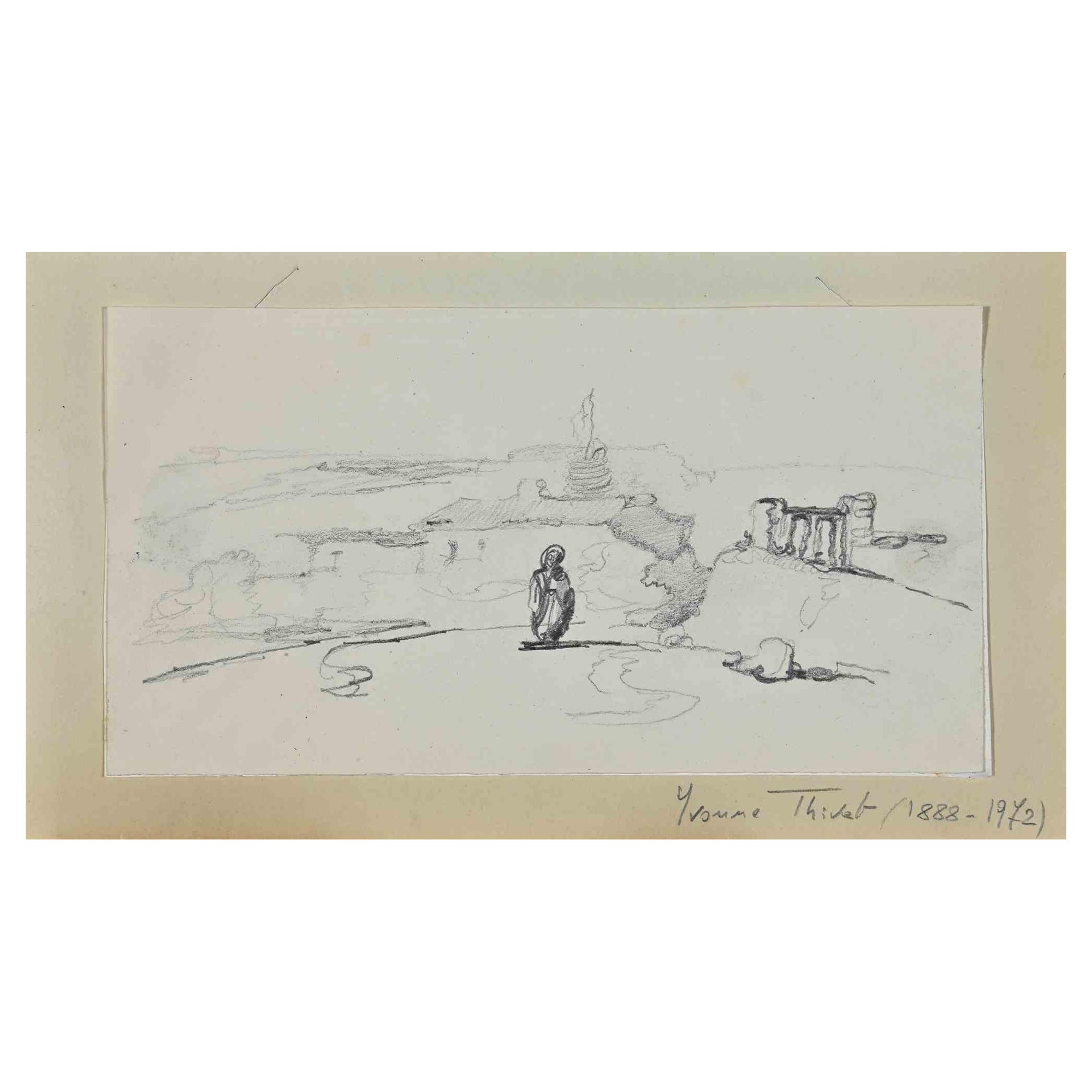 Paisaje es una obra de arte moderna original realizada a mediados del siglo XX por Yvonne Thivet (1888-1972).

Dibujo a lápiz sobre papel de color marfil.

