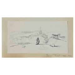 Vintage Landscape - Original Drawing by Yvonne Thivet - Mid-20th Century