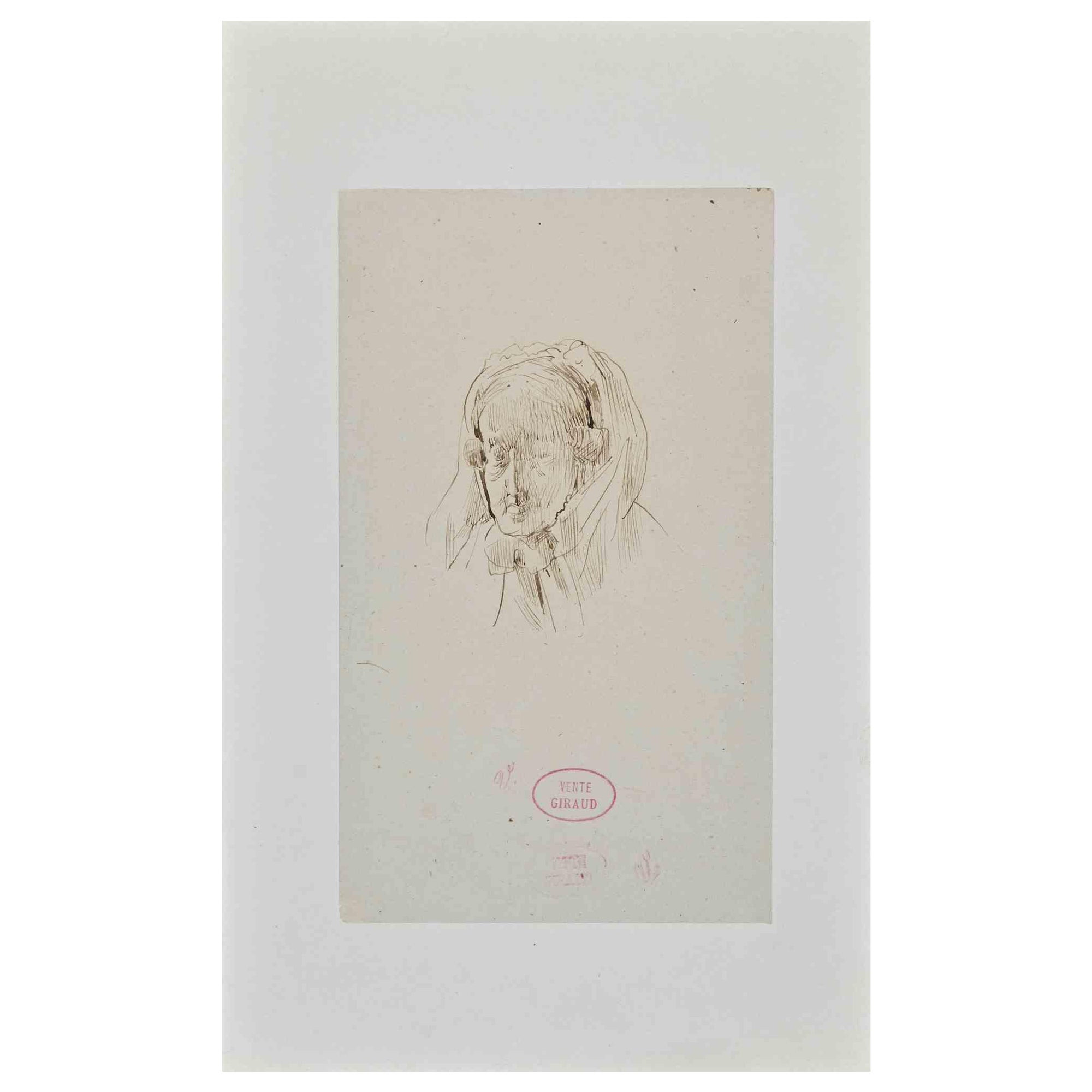Portrait d'une vieille femme -  Dessin original d'E. Giraud - Fin du 19ème siècle