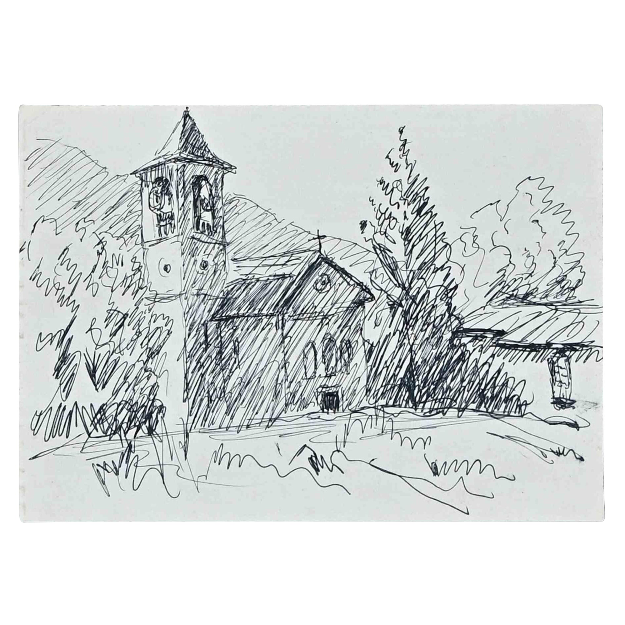 The Church  - Original Drawing by R. Fontene - Mid-20th Century