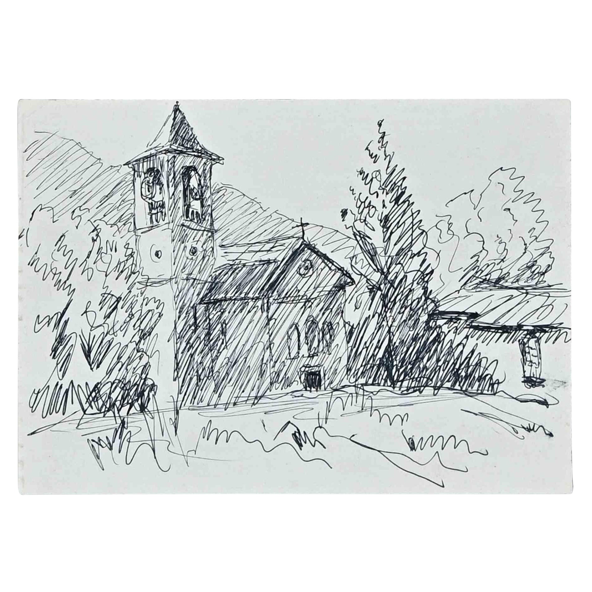 Figurative Art di Robert Fontene - La Chiesa  - Disegno originale di R. Fontene - metà del XX secolo