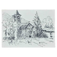 Vintage The Church  - Original Drawing by R. Fontene - Mid-20th Century