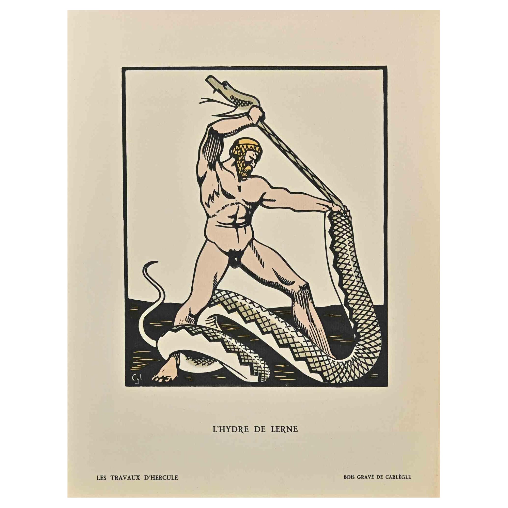 L'Hydre De Lerne is a woodcut print realized by Carlègle (Charles Emile Egli, 30 March 1877 – 11 January 1937) in the Early 20th Century.

Belongs to the Suite "Les Travaux D'Hercule".

Good condition on a yellowed cardboard.

Titled, Stamp Signed