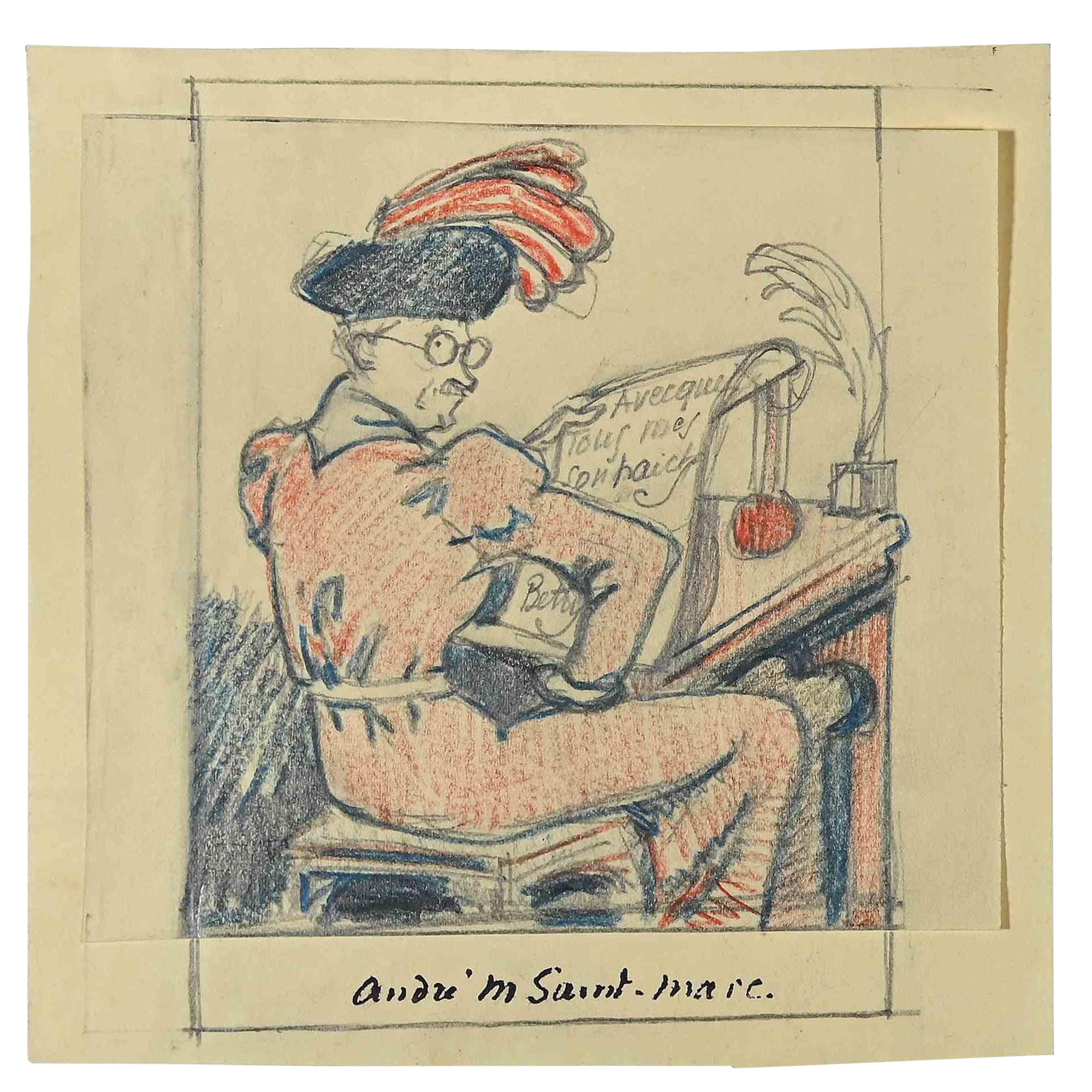 André Meaux Saint-Marc Figurative Art - Writer - Original Pencil Drawing by André MeauxSaint-Marc - Early 20th Century