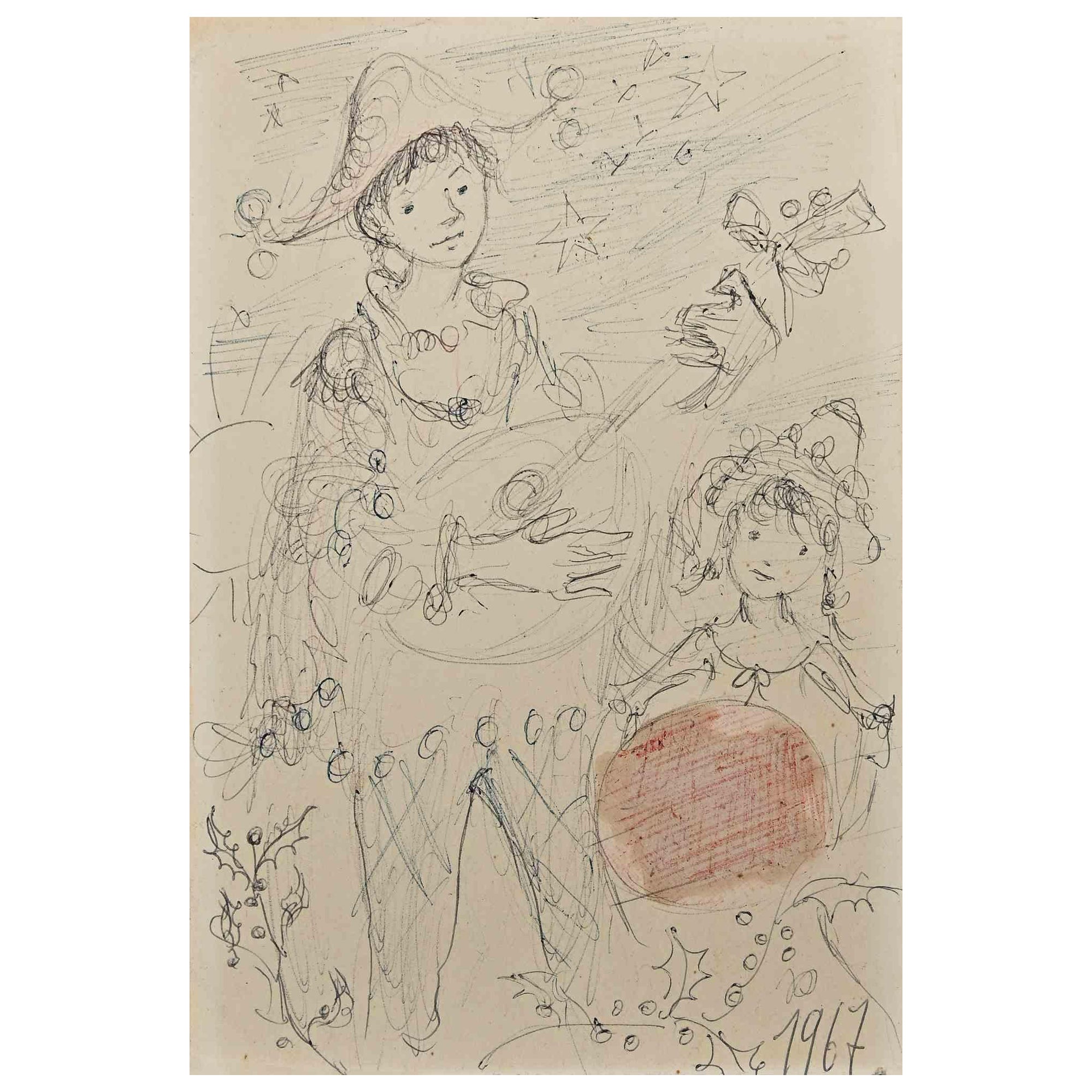 Robert Fontene Figurative Art - Playing Boy, Dancing Girl - Original Drawing by R. Fontene - 1967