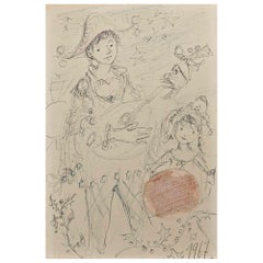 Playing Boy, Dancing Girl - Original Drawing by R. Fontene - 1967