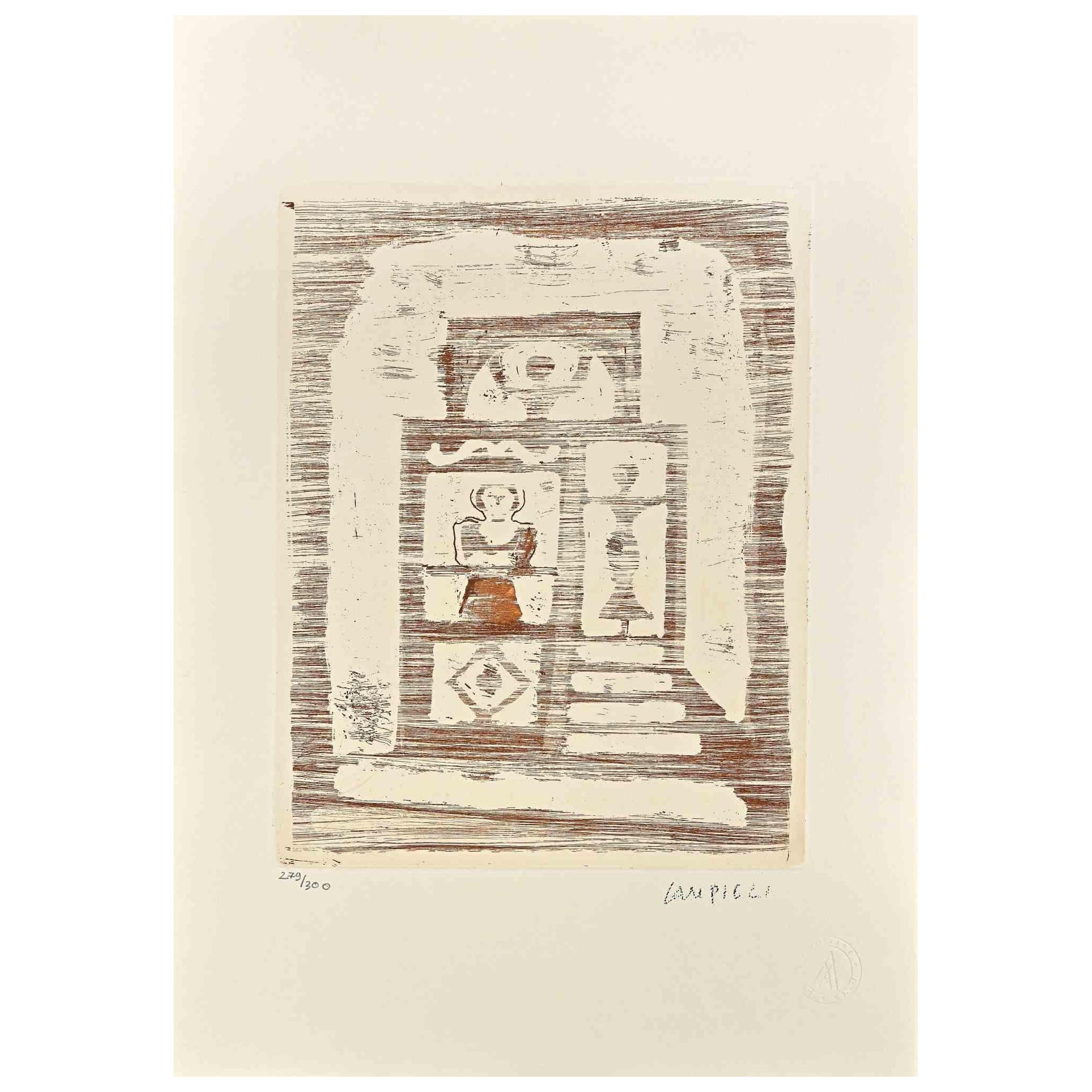 The House of Women  is an original print realized by Massimo Campigli in the 1970s.

Etching on paper.

This artwork it is part of a series of works created in the last period of the artist and printed at the turn of the year of his death, which