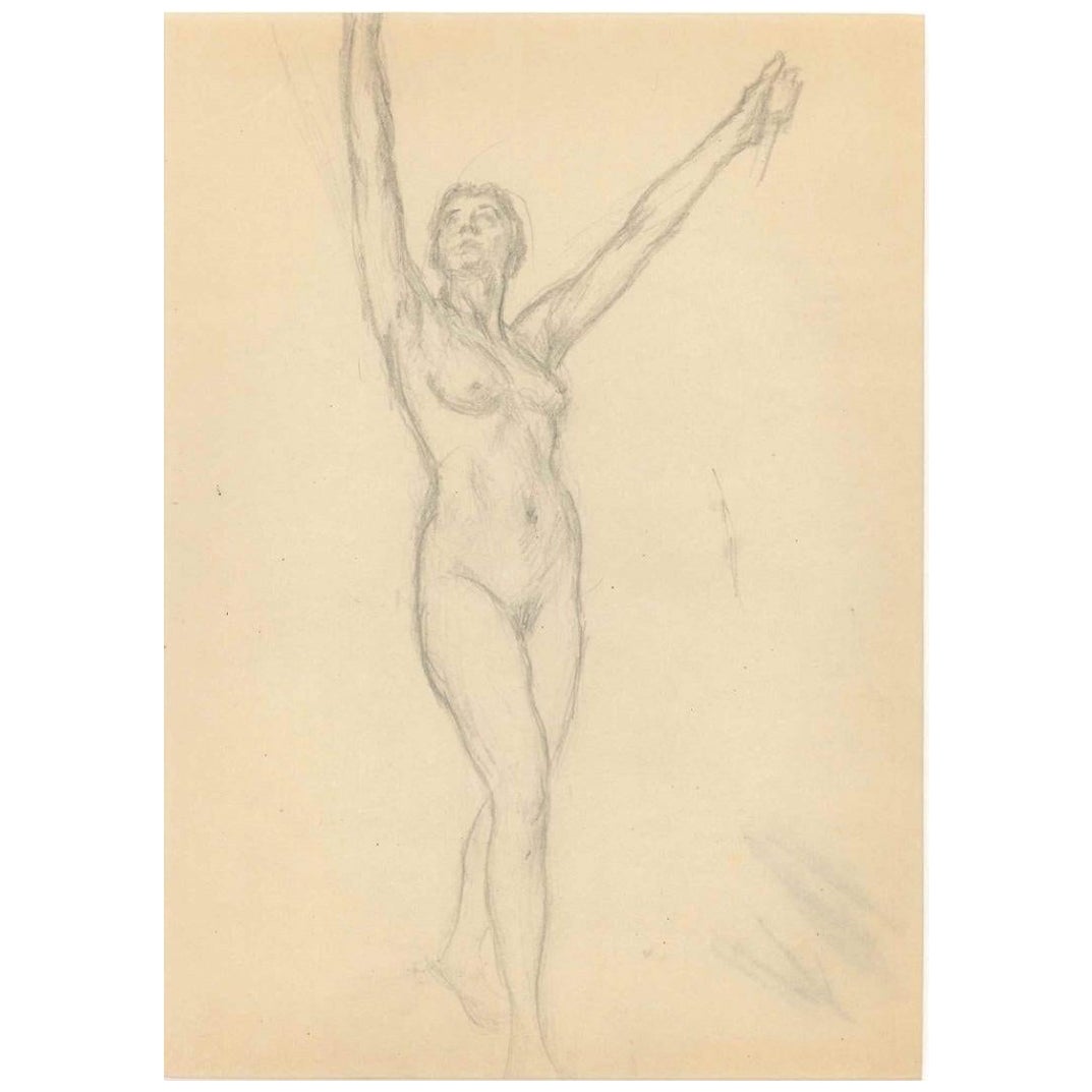 Paul Garin Nude - Standing Figure with Arms Upward -  Pencil Drawing - Early 20th Century