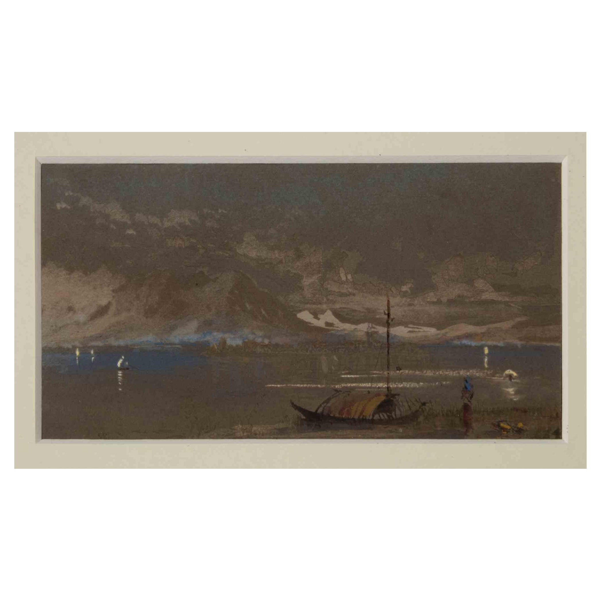 The River  is an original artwork realized in the end of 19th Century by Friedrick Paul Nerly.

Mixed colored ink and watercolor.

The artwork is hand signed on the lower left margin.

The watercolor depict a river.
