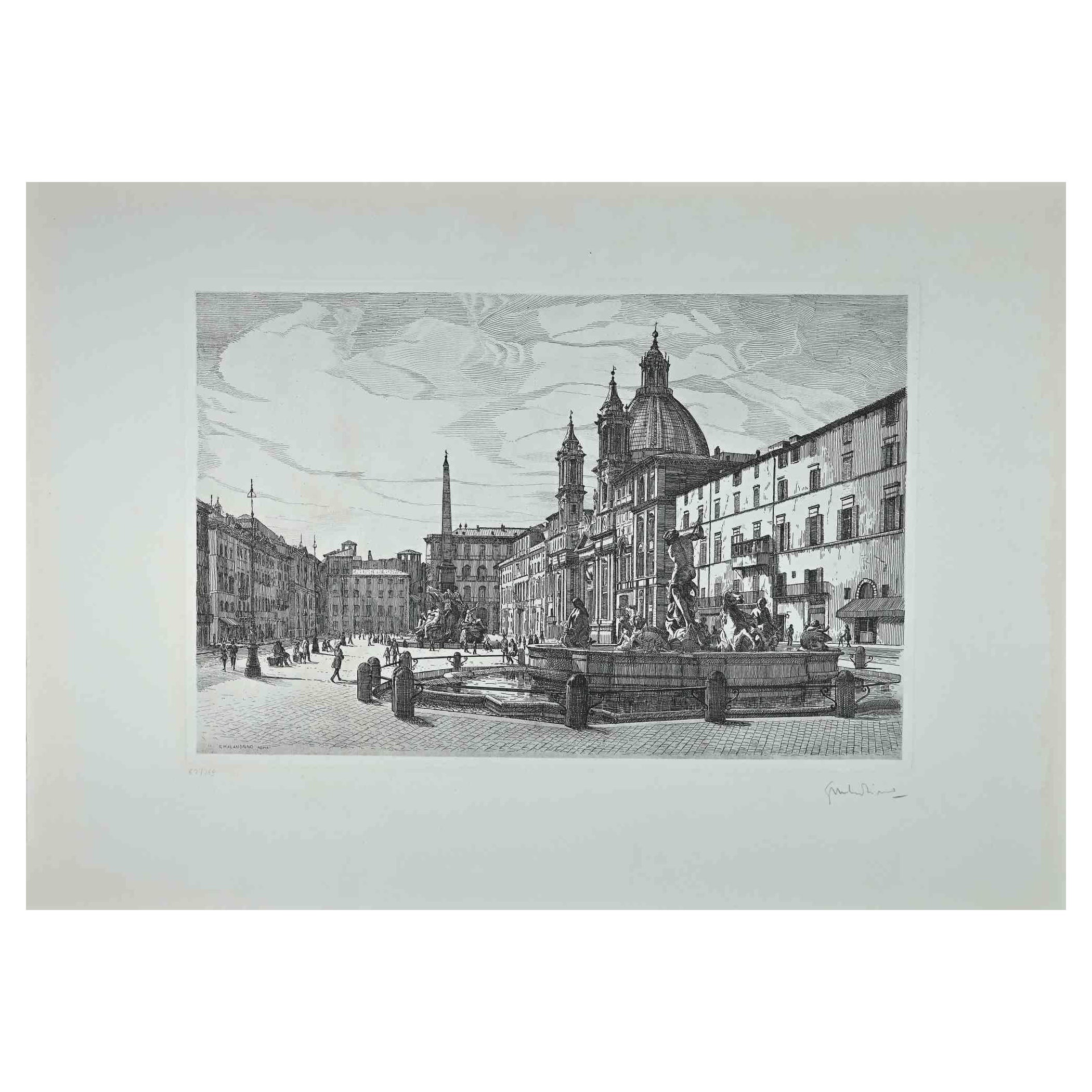 Vista de la Piazza Navona es una obra de arte contemporánea original realizada en 1970 por el artista italiano Giuseppe Malandrino  (Modica, 1910 - Roma, 1979).
 
Grabado sobre cartón.
 
Firmado a mano con lápiz en la esquina inferior derecha. 