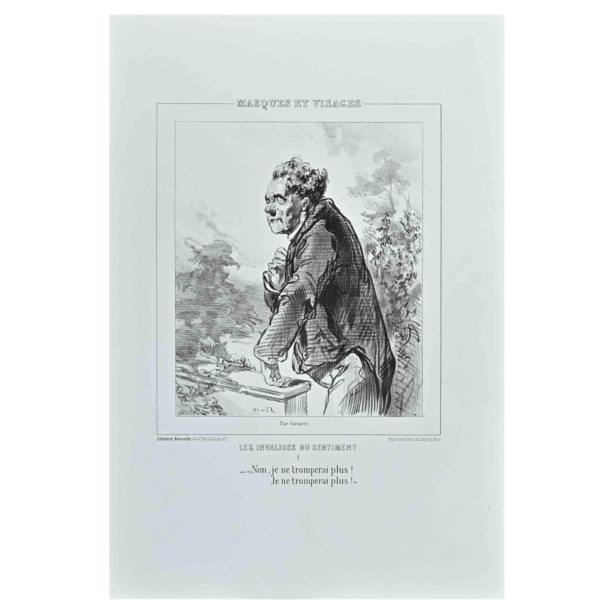 Les Invalides du Sentiment ist eine Lithografie auf elfenbeinfarbenem Papier, die von dem französischen Zeichner Paul Gavarni (alias Guillaume Sulpice Chevalier Gavarni, 1804-1866) Mitte des 19.

Signiert auf der Platte" Par Gavarni" in der unteren
