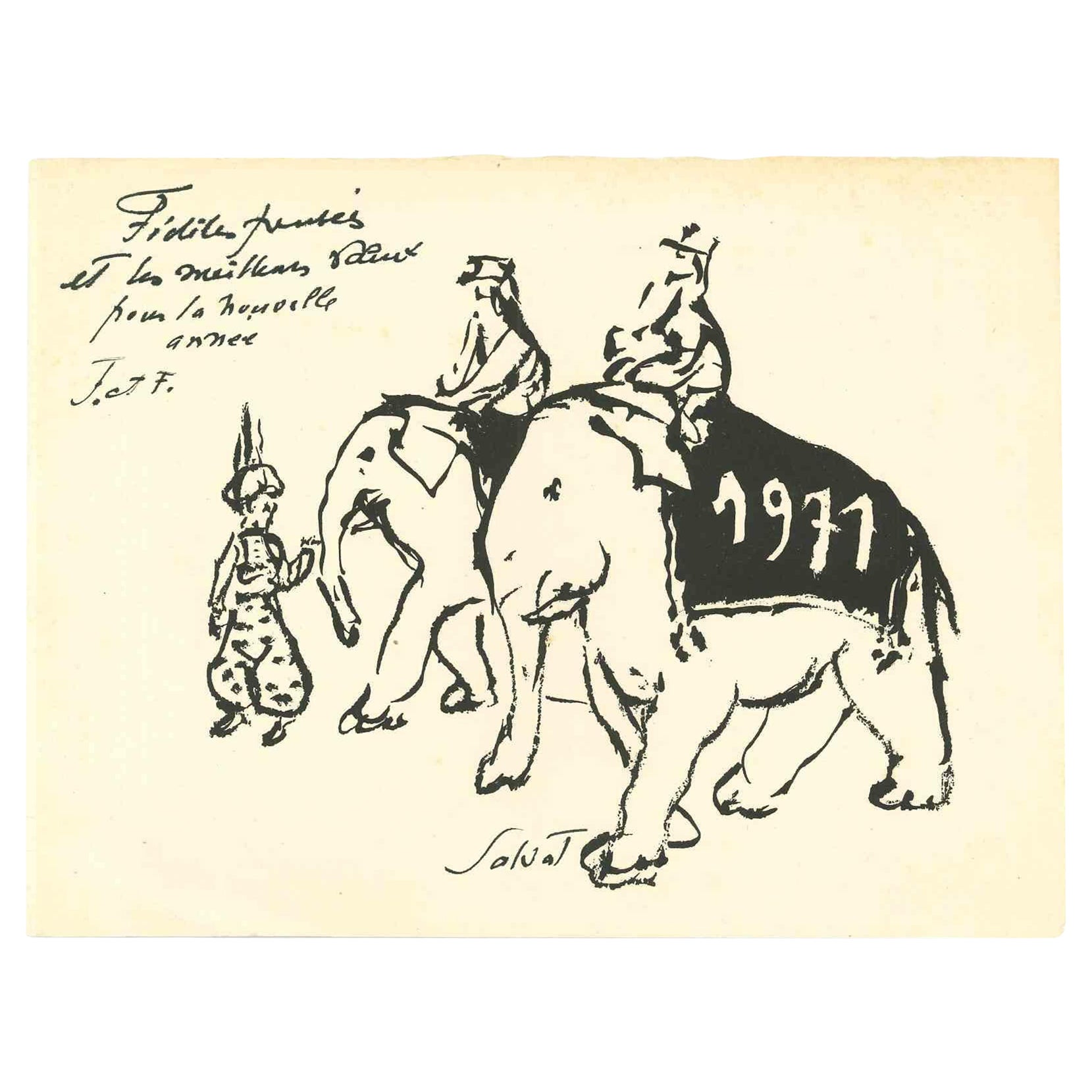 Francois Salvat Figurative Art - The Elephant Riders -  Drawing by François Salvat - 1971