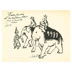Vintage The Elephant Riders -  Drawing by François Salvat - 1971