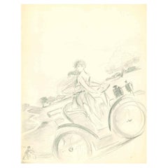 Vintage Driving Roman Lady - Original Drawing by Henri Thiriet - Mid 20th Century