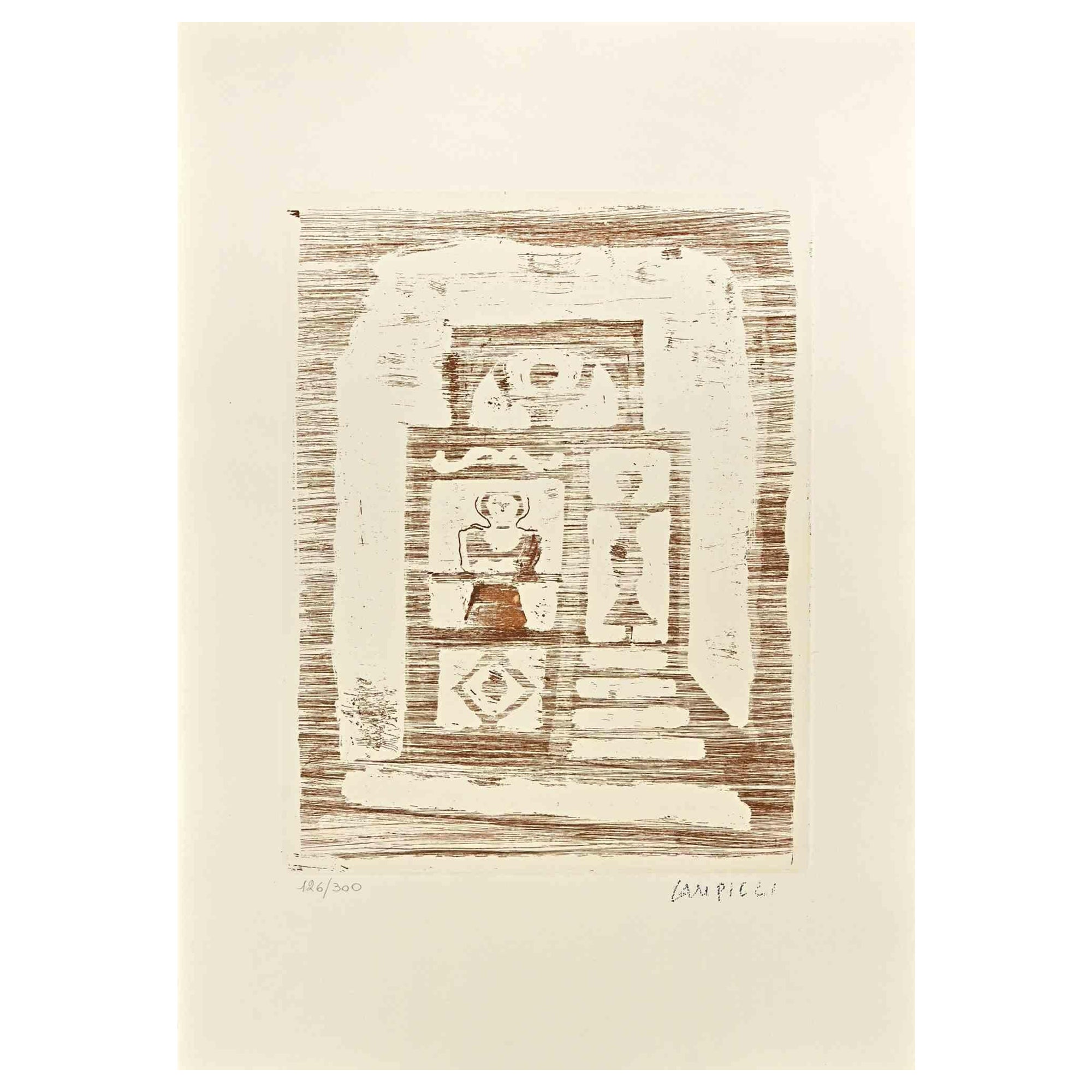 The House of Women  is an original print realized by Massimo Campigli in the 1970/1971s.

Etching on paper.

This artwork it is part of a series of works created in the last period of the artist and printed at the turn of the year of his death,