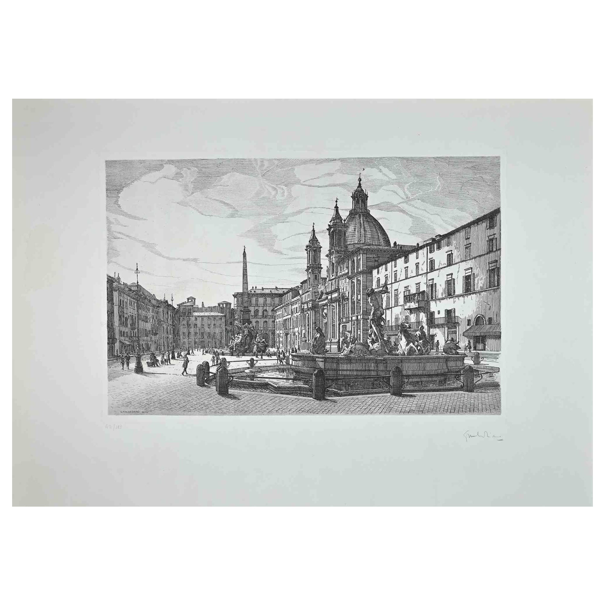 View of Piazza Navona is an original contemporary artwork realized in 1970 by the Italian artist Giuseppe Malandrino  (Modica, 1910 - Rome, 1979).
 
Etching on cardboard.
 
Hand-signed in pencil on the lower right corner.  Numbered on the lower-left