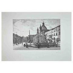 View of Piazza Navona - Original Etching by Giuseppe Malandrino - 1970s