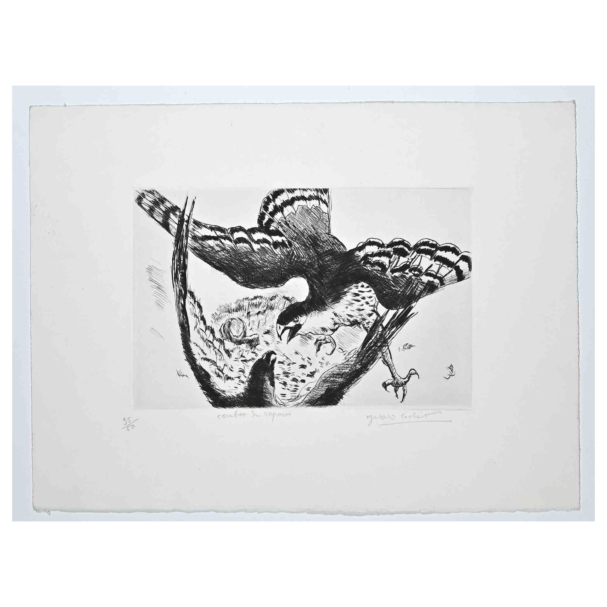 Fight is an original etching realized by Gérard Cochet in the Early 20th Century.

Good conditions.

Hand-signed.

Numbered. Edition,35/50.

The artwork is depicted through soft strokes in a well-balanced composition.