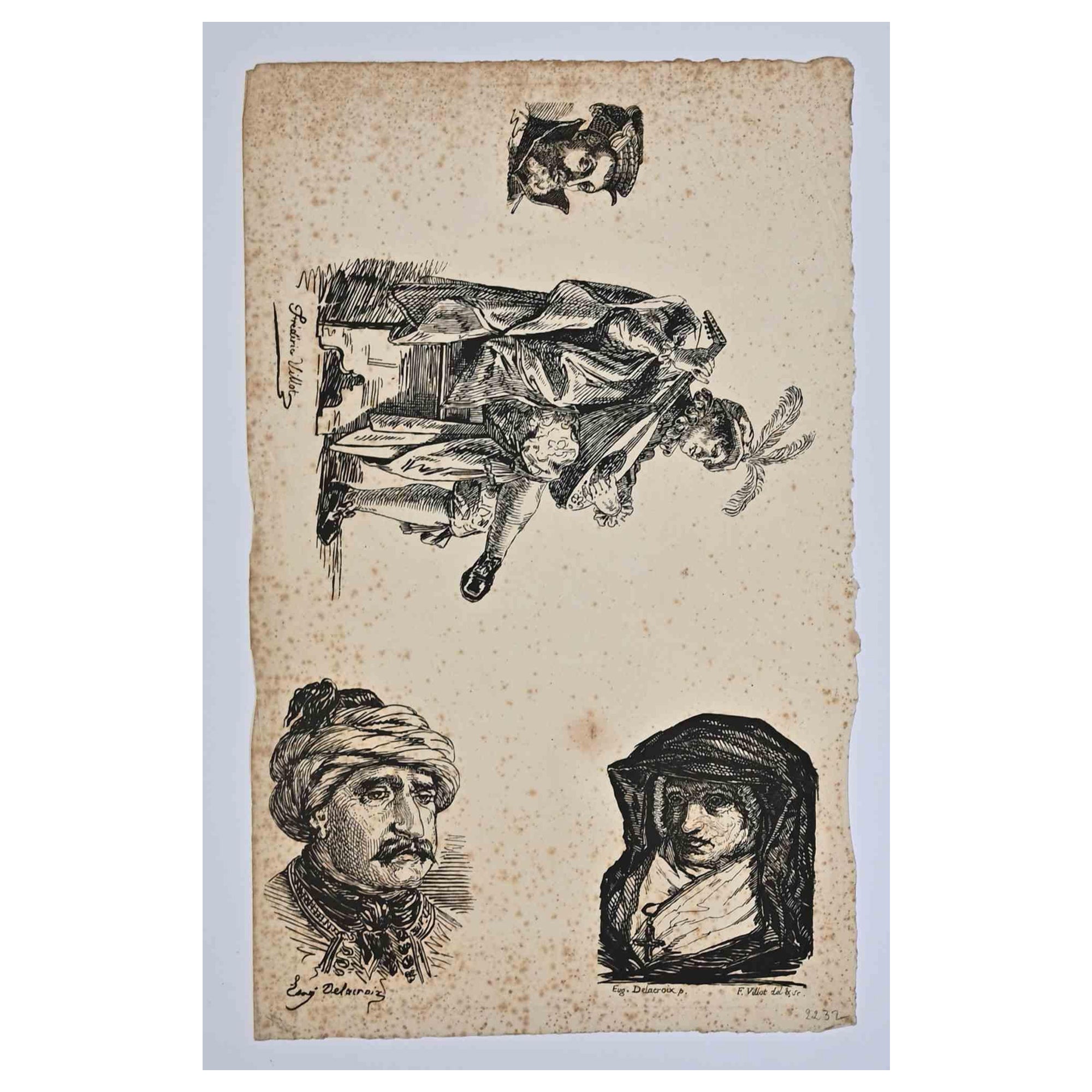 Portraits is an etching realized by Frédéric Villot (1809-1875) after Eugène Delacroix.

Good condition on a yellowed paper, included a white cardboard passpartout ( 64x51 cm).

Hand-signed by the artist on the margins.

The artwork represents three