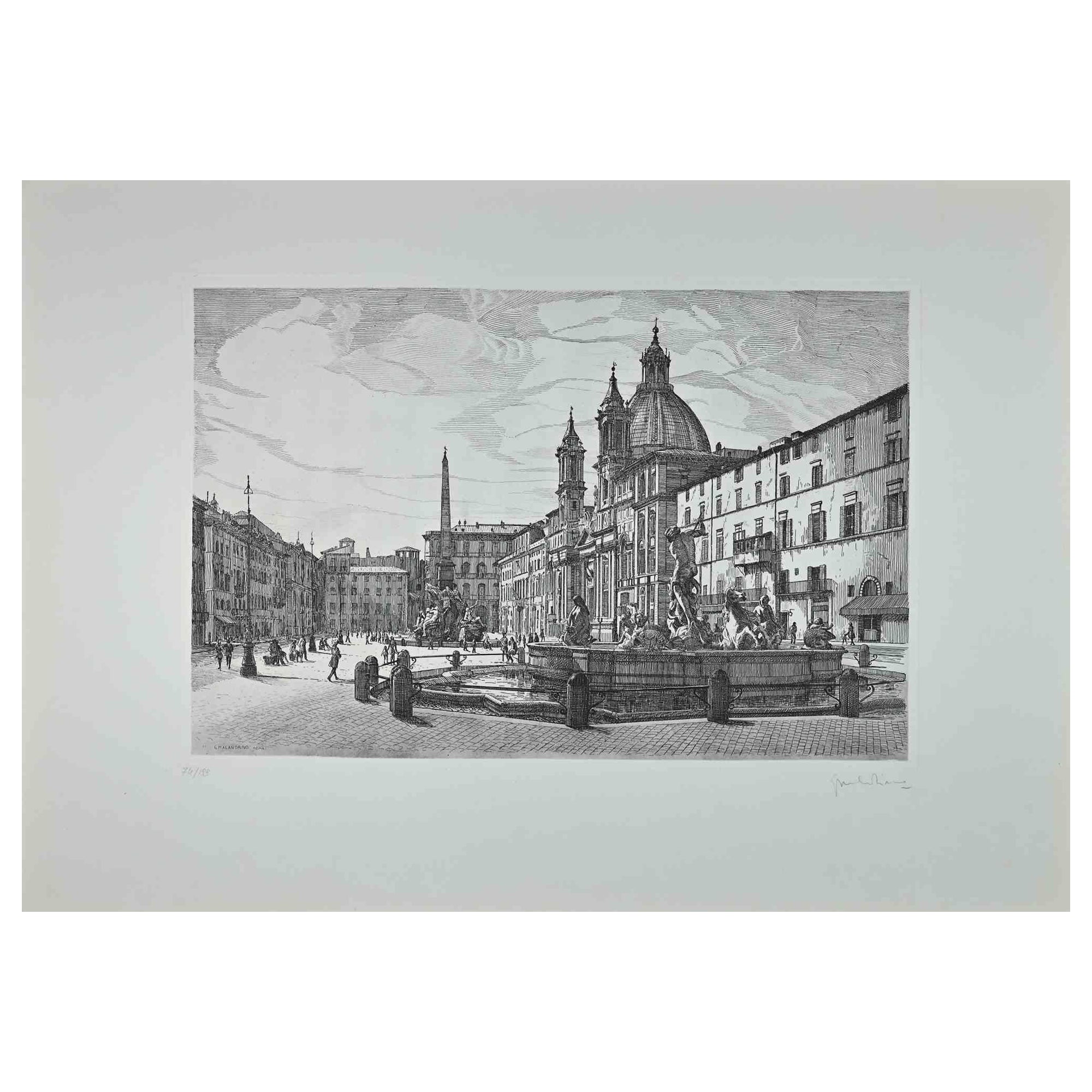 View of Piazza Navona is an original contemporary artwork realized in 1970 by the Italian artist Giuseppe Malandrino  (Modica, 1910 - Rome, 1979).
 
Etching on cardboard.
 
Hand-signed in pencil on the lower right corner.  Numbered on the lower-left