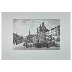 Vintage View of Piazza Navona - Etching by Giuseppe Malandrino - 1970s
