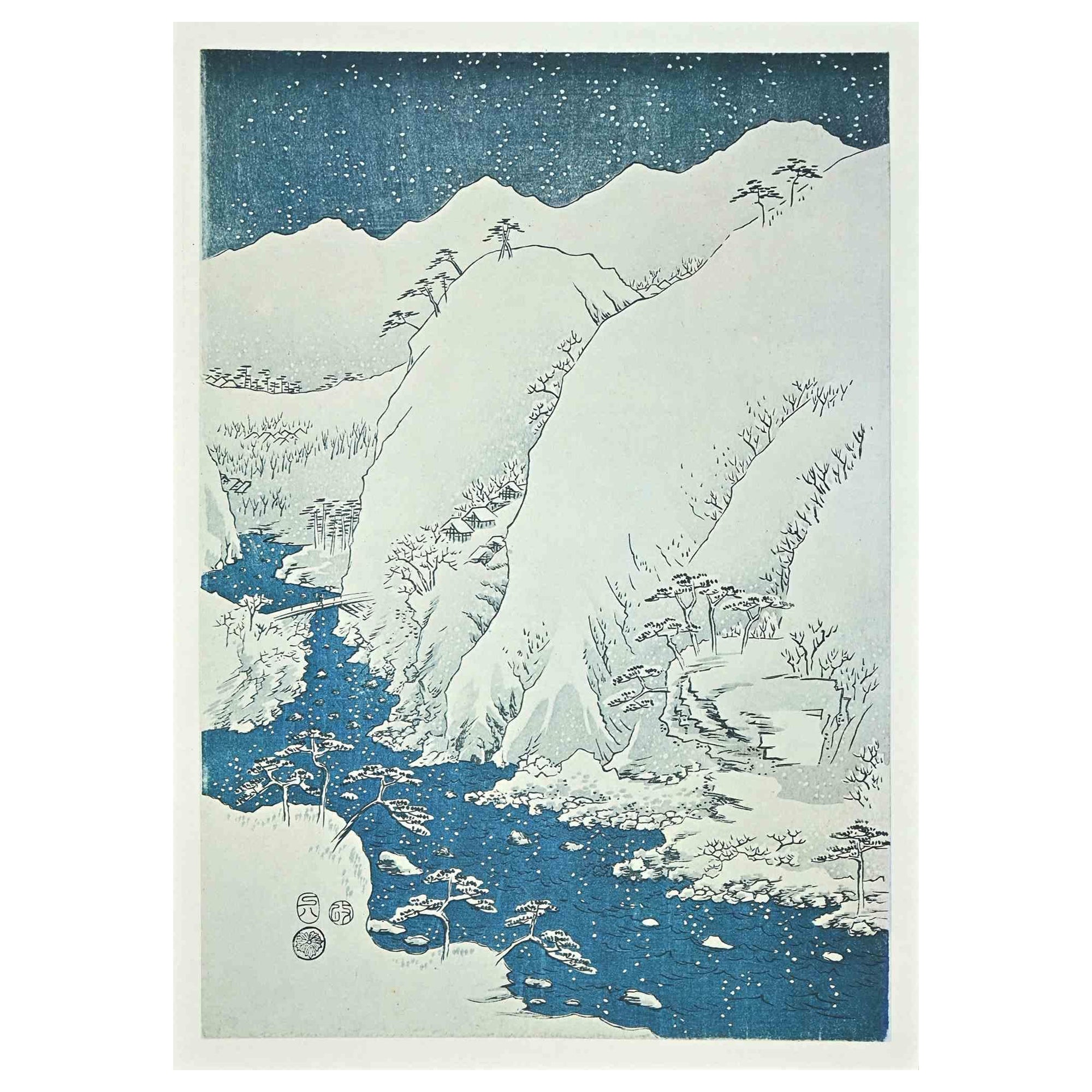Utagawa Hiroshige Figurative Print - Snow Scene along Kiso Route