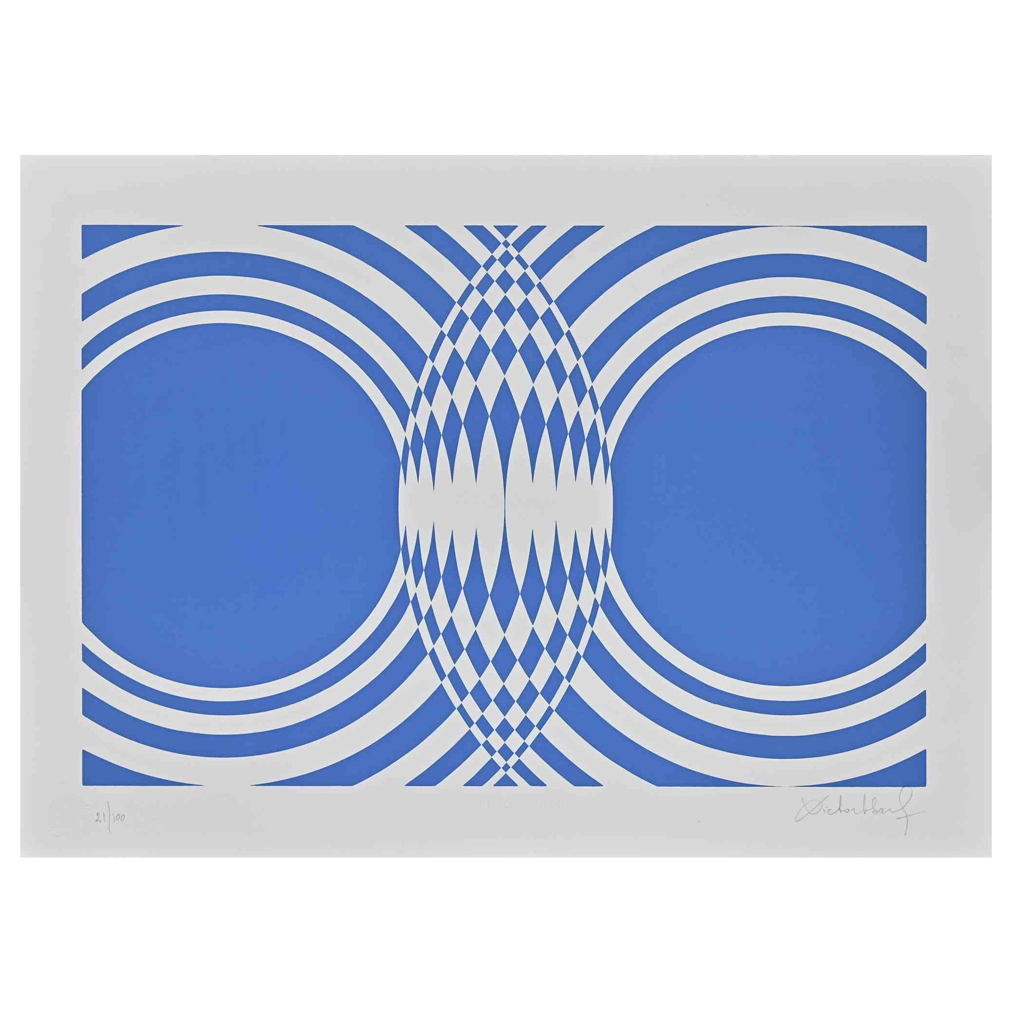 Composition bleue - Impression sérigraphiée de Victor Debach - 1970