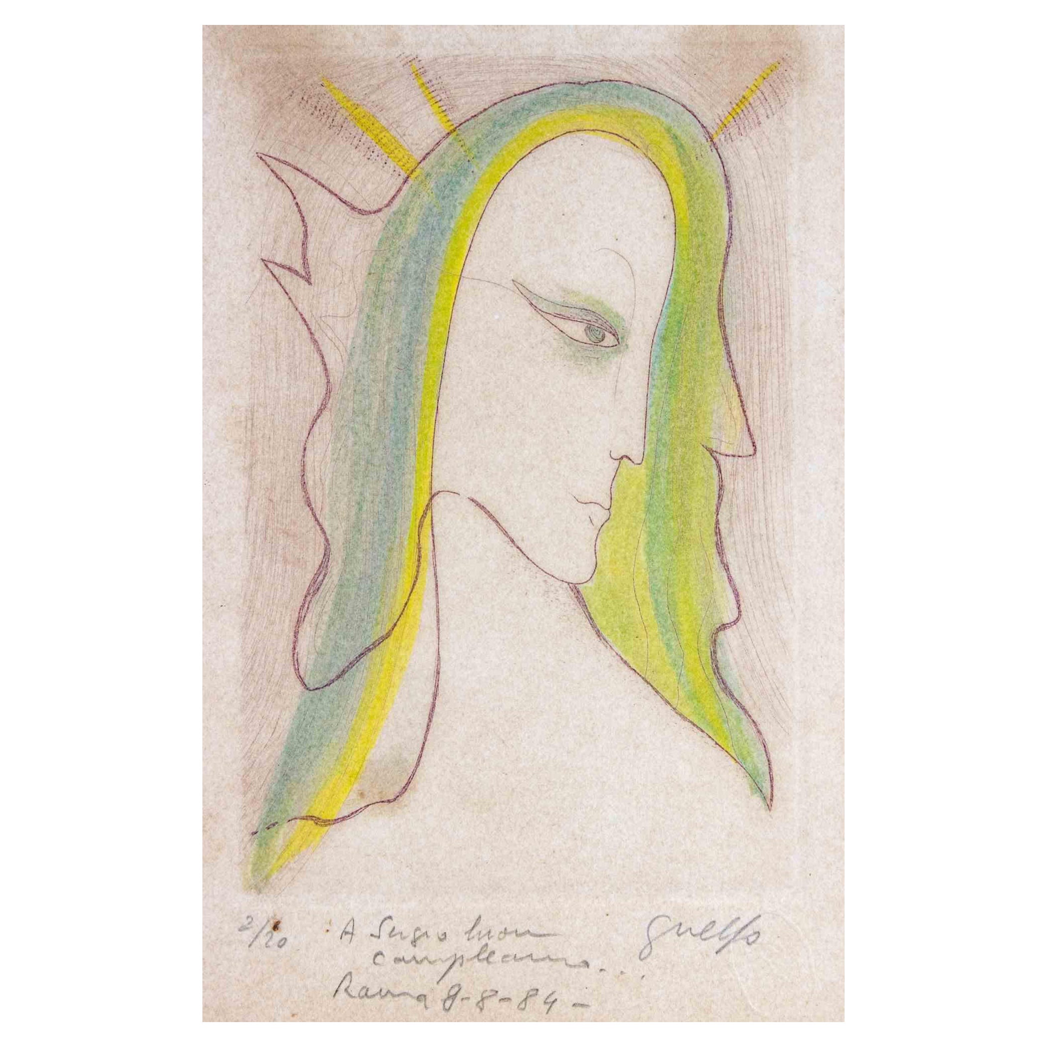 The Angel is an original modern Artwork realized in Italy by Guelfo Bianchini (Ancona, 1937) in 1984.

Original colored etching on paper. 

Hand-signed lower right corner. Limited edition series, numbered on the lower-left corner in pencil: