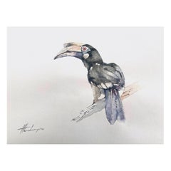 Hornbill, Vogel-Aquarell, handgefertigtes Gemälde