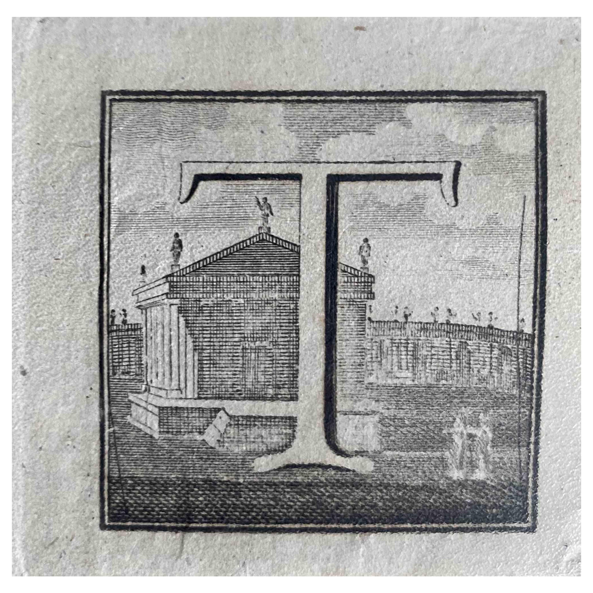 Unknown Figurative Print – Antiquitäten von Herculaneum -  Buchstabe T - Radierung  - 18. Jahrhundert