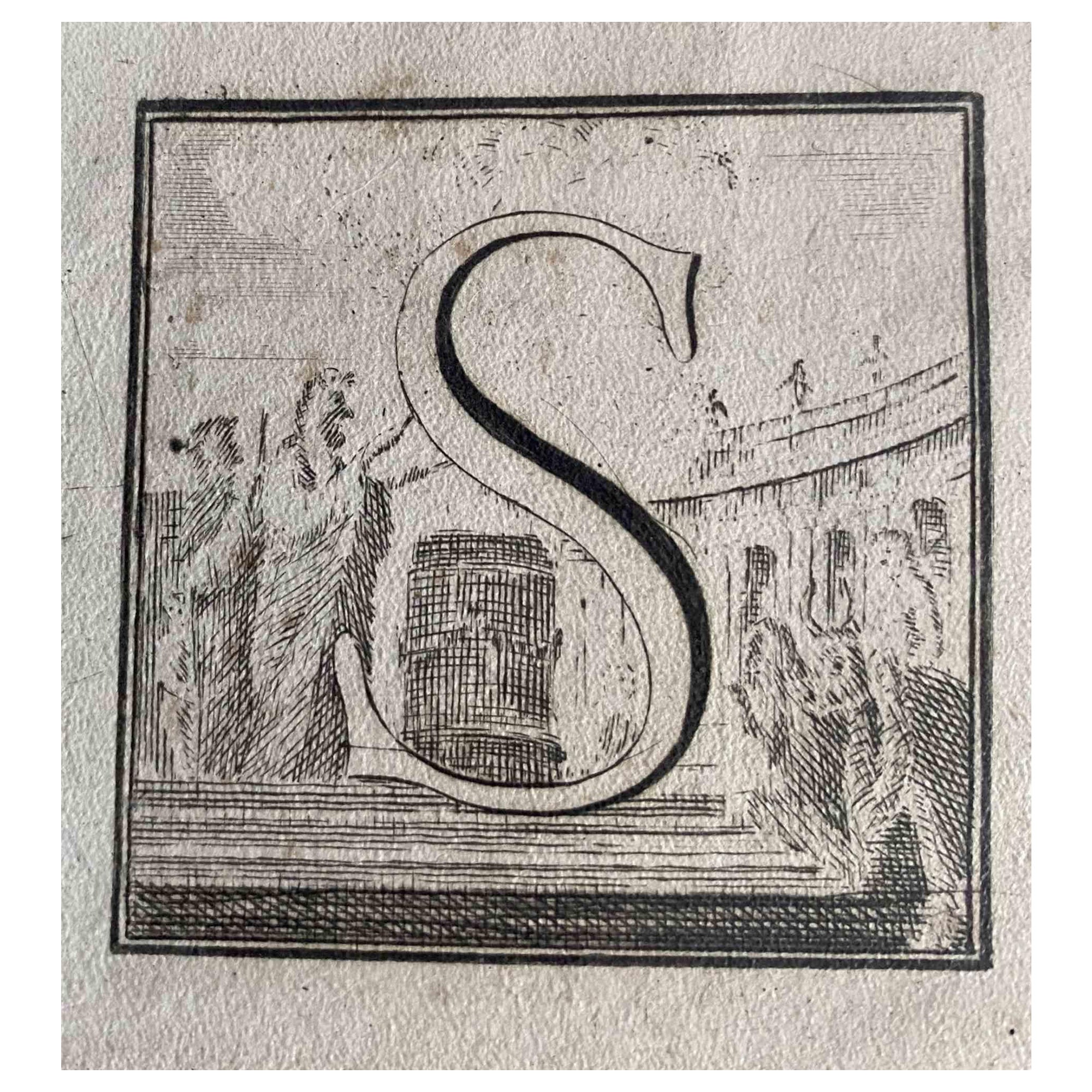 Figurative Print Unknown - Antiquités d'Herculanum -  Lettre S - Gravure  - 18ème siècle