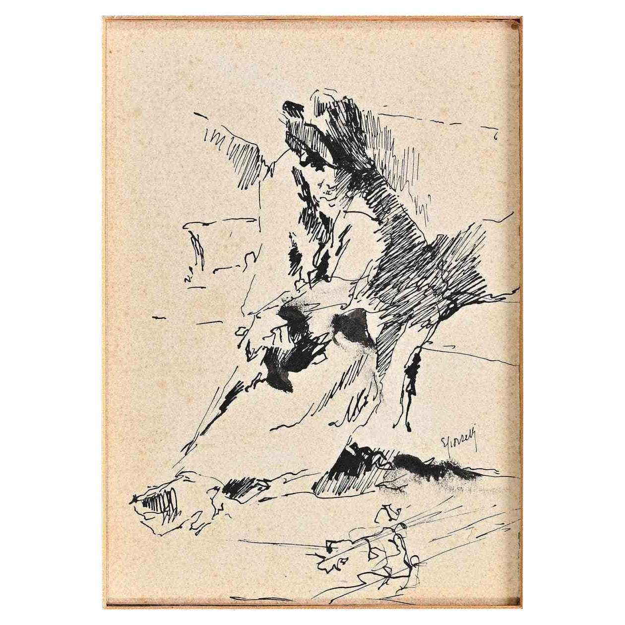 Figur eines Menschen ist eine Tuschezeichnung von Eugenio Scorzelli (1890-1958).

Guter Zustand, mit einem grauen Passepartout aus Karton (33,5x27,5 cm).

Handsigniert vom Künstler in der rechten unteren Ecke.

Eugenio Scorzelli (1890-1958) wurde an