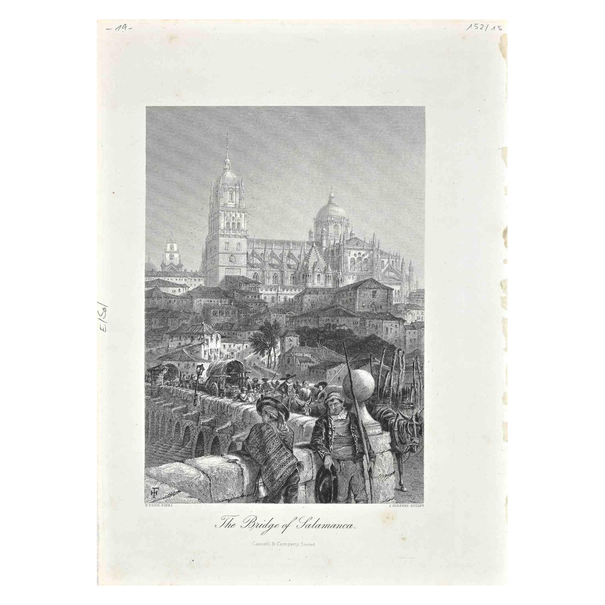 Le pont de Salamanca - Lithographie originale de J. Godfrey - 19ème siècle