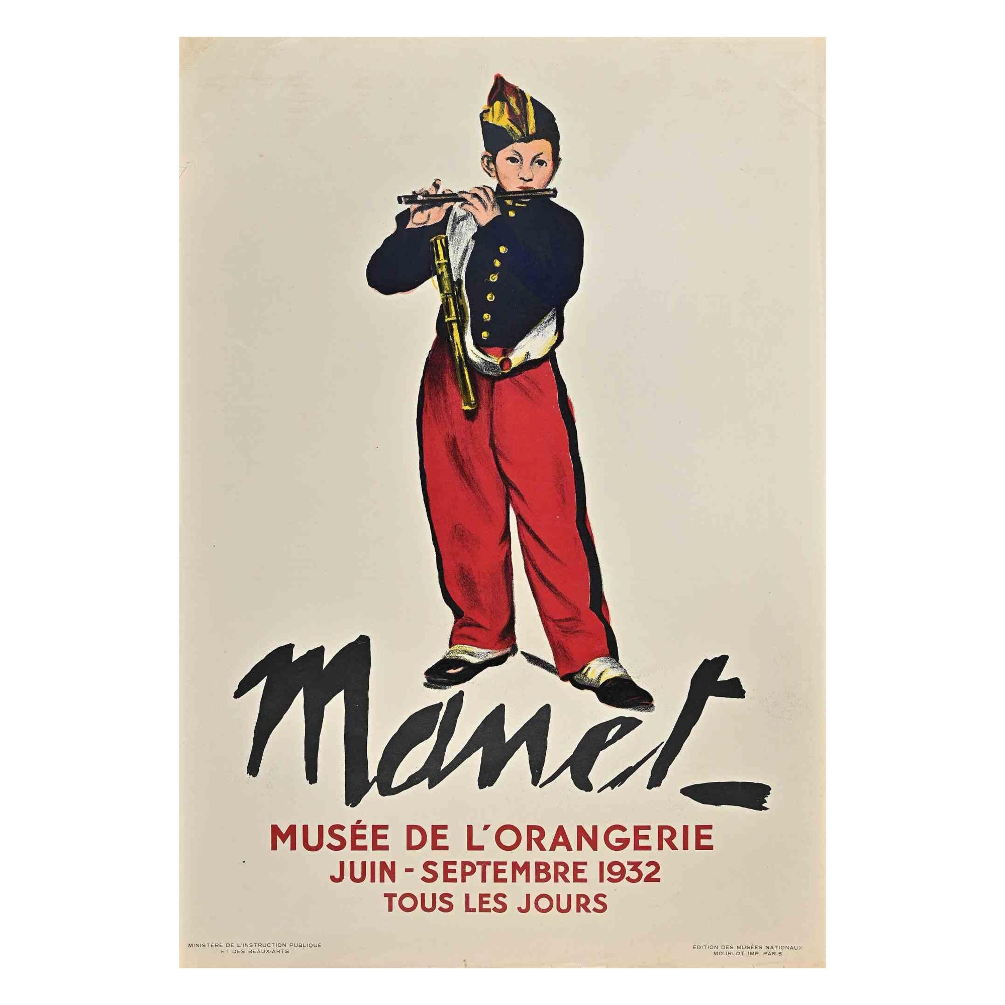 Manet est une Affiche Originale Vintage réalisée pour une exposition d'oeuvres d'Edouard Manet en 1932 au Muséè de L'Orangerie de juin à septembre.

L'affiche est une Offset et une Lithographie imprimée par Mourlot Paris.

Bon état sur un papier de