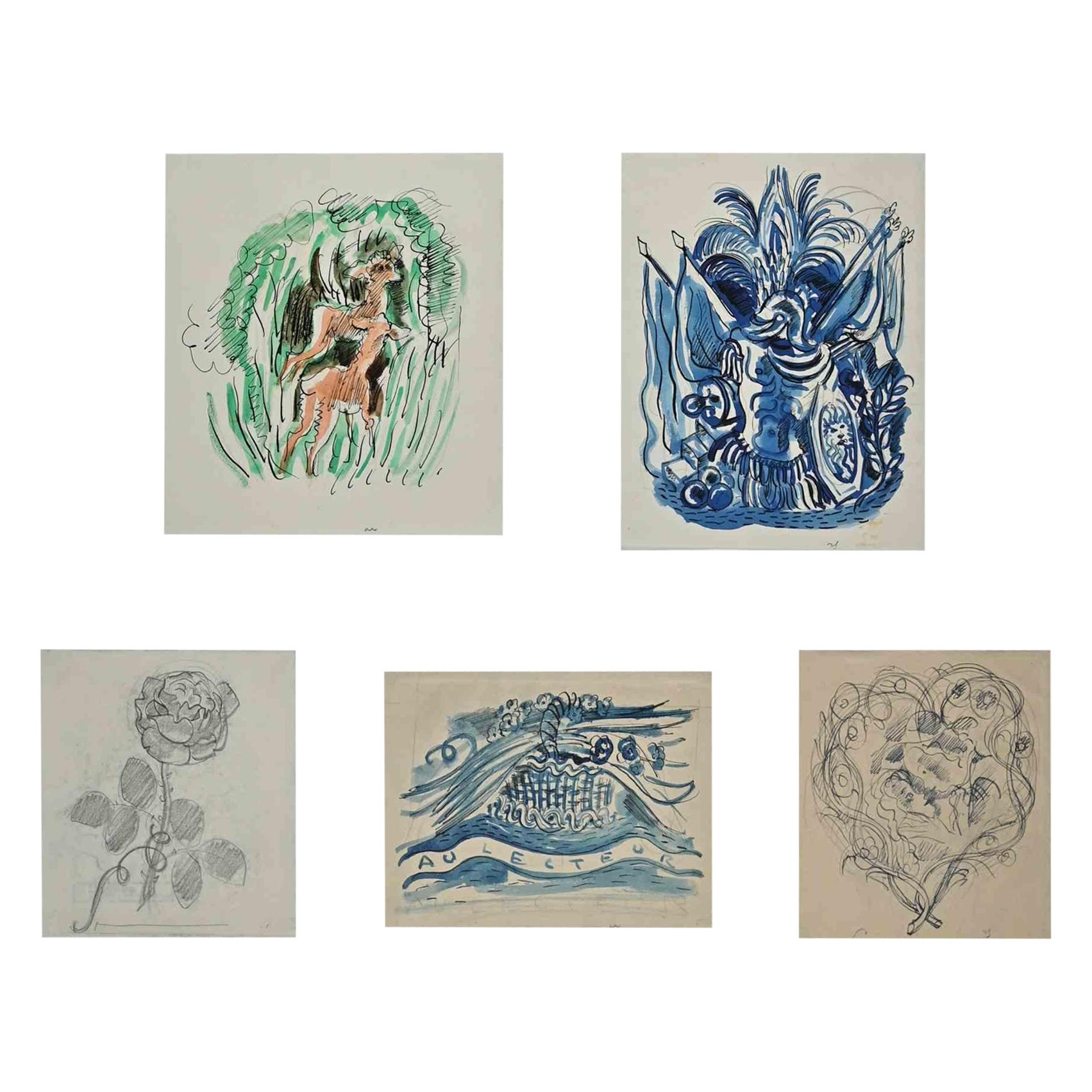 Compositions is an Ink and Watercolor Drawing realized by Jean Gabriel Daragnès (1886-1950).

Good condition of 5 little artwork included a grey cardboard passpartout.

Signed on plate, on the lower right corner.

Jean-Gabriel Daragnès  is a French